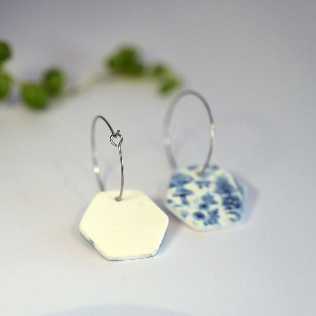 Blue Mushroom Print Hoop Earrings - Handmade Polymer Clay - Polly Plant