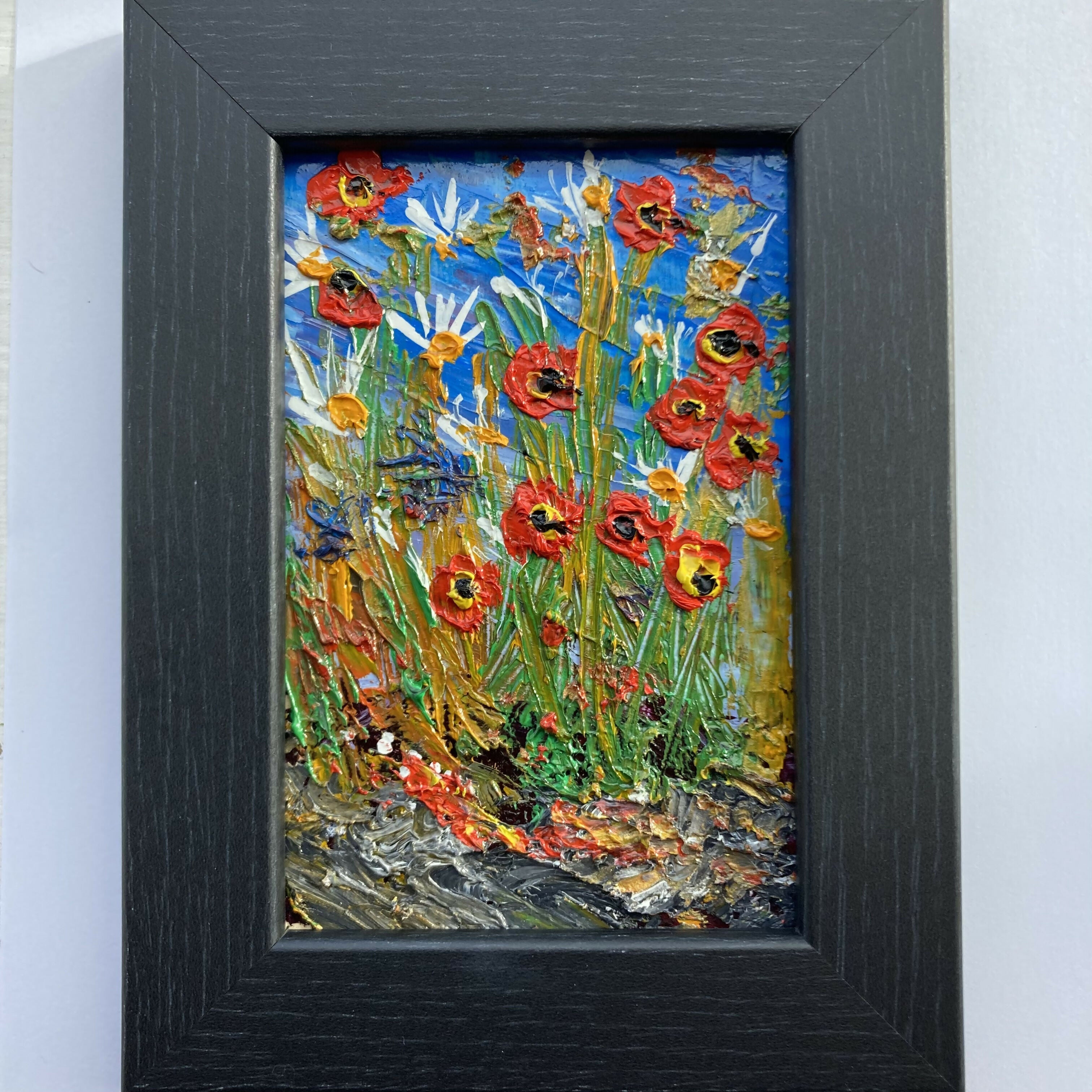 Close Up Poppies & Daisies - Black Framed Original Oil Painting On Wood