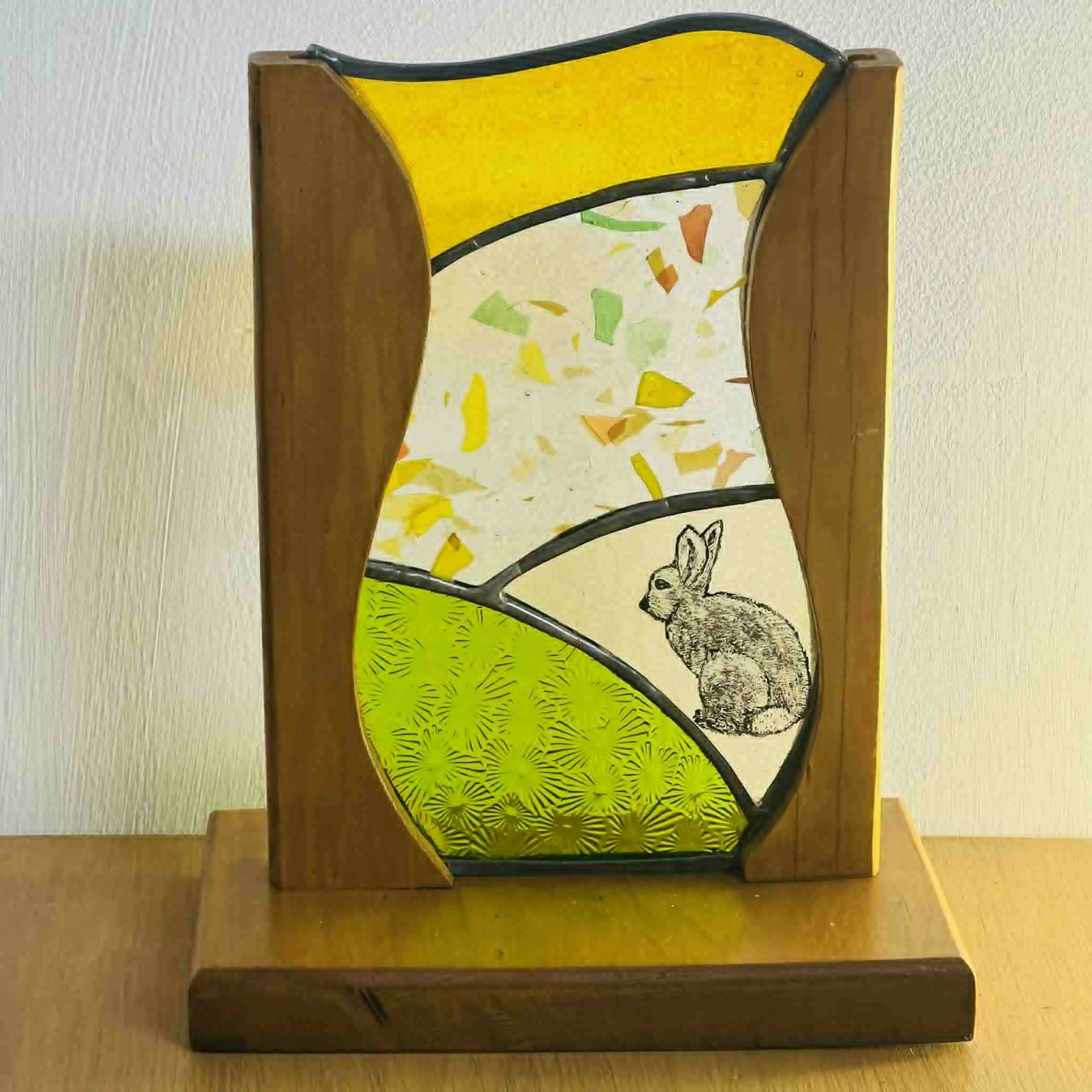 Hand Painted Stained Glass and Wood Rabbit Ornament