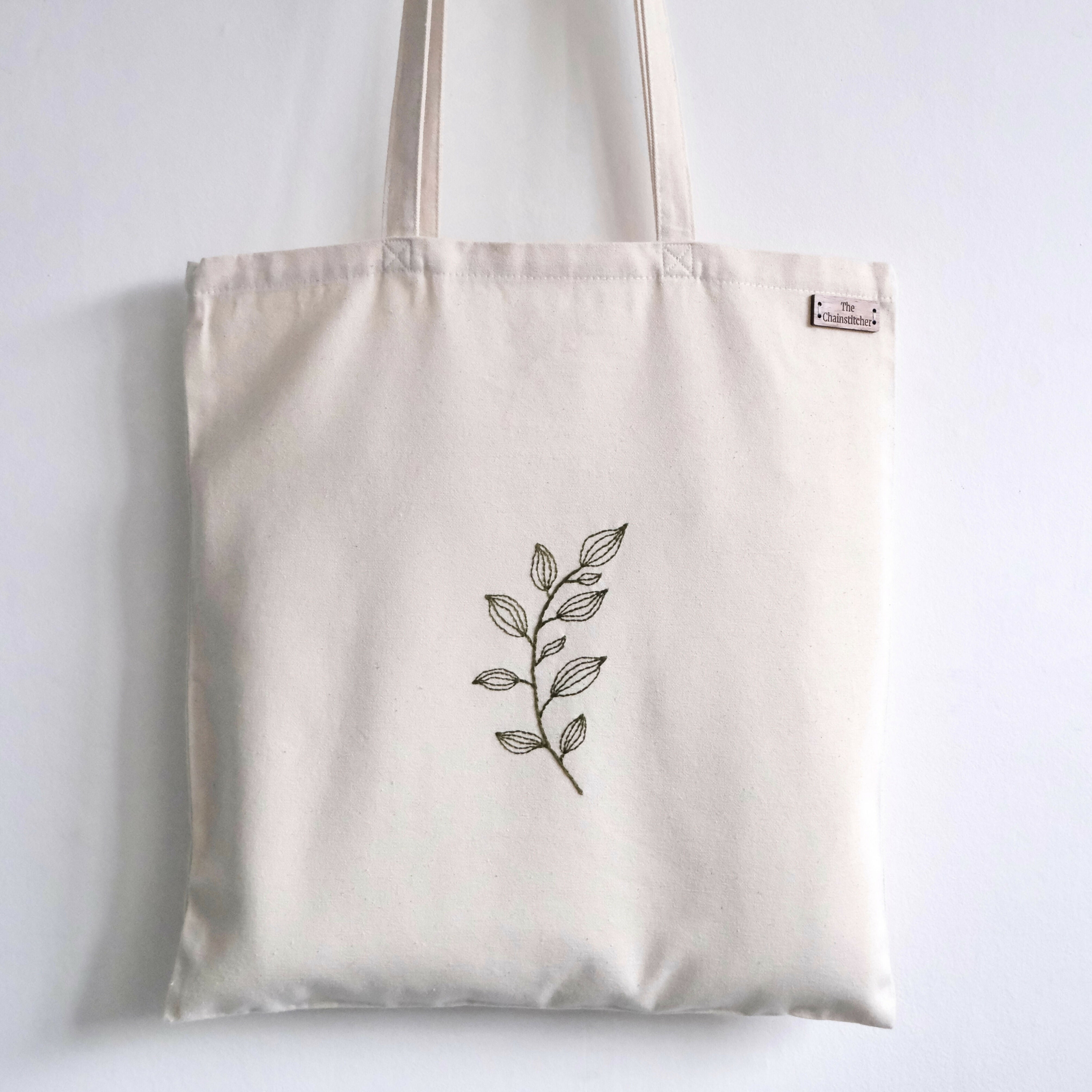 Hand Embroidered Leafy Tote Bag