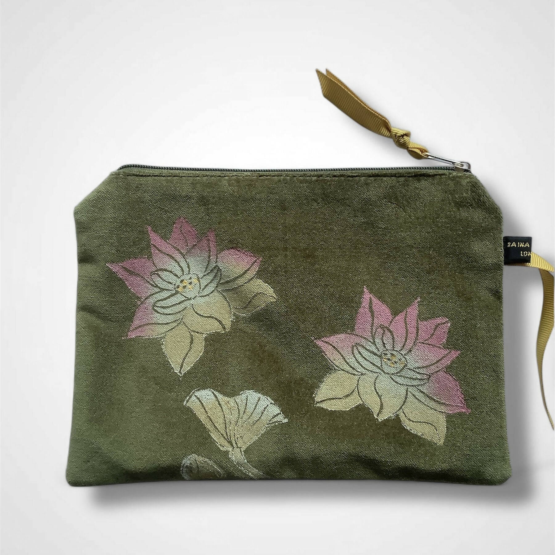 Lotus Flower Olive Green Velvet Zip-Up Pouch with Wrist Strap