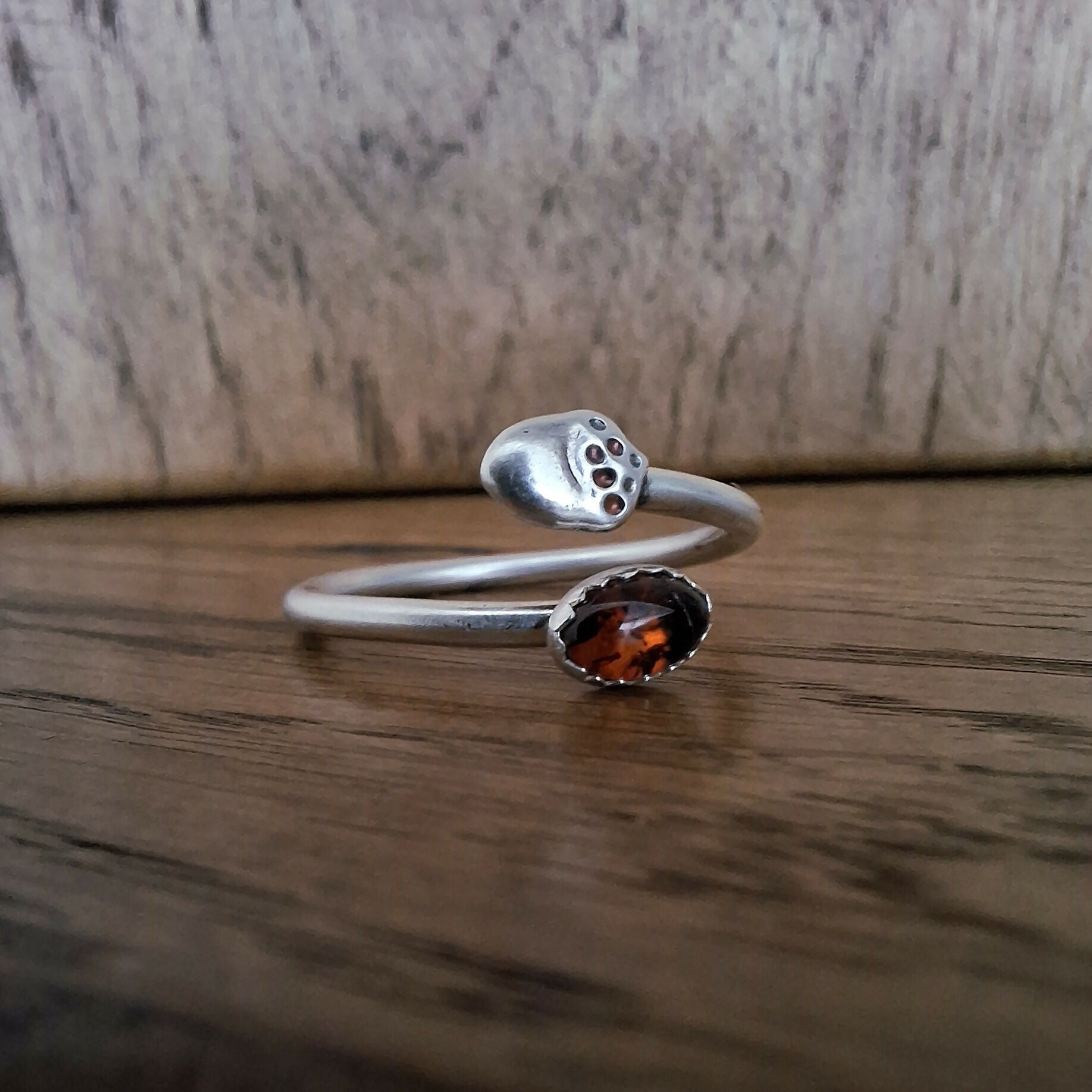 Handmade Adjustable Silver Acorn Ring With Amber, Size Q½