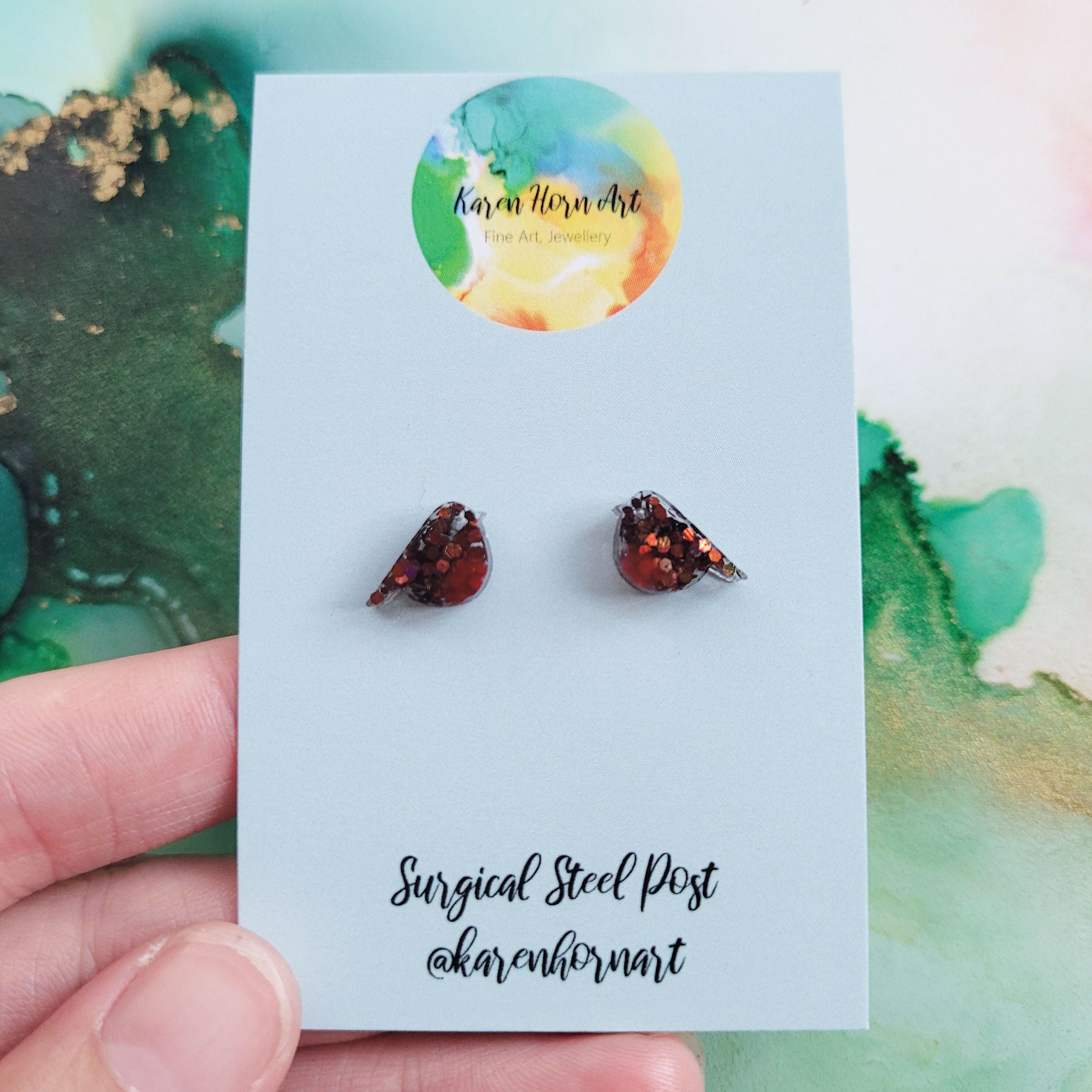 Handmade Glitter Robin Christmas Stud Earrings