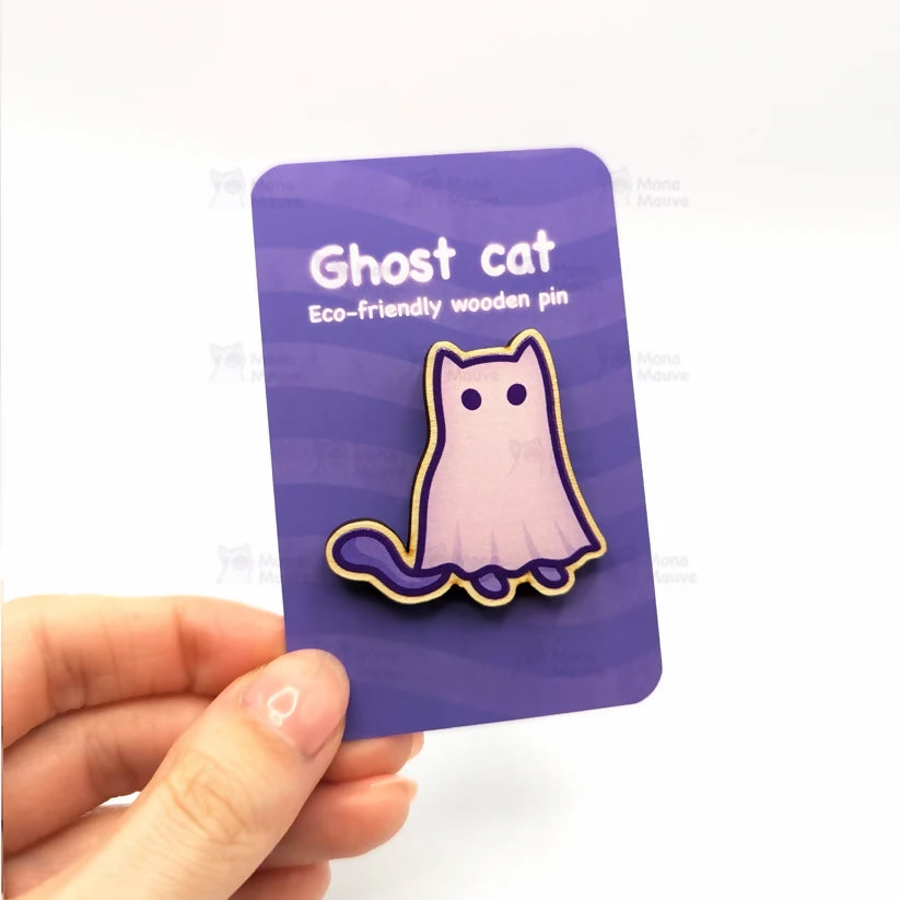 Wooden Pin Badge - Ghost Cat