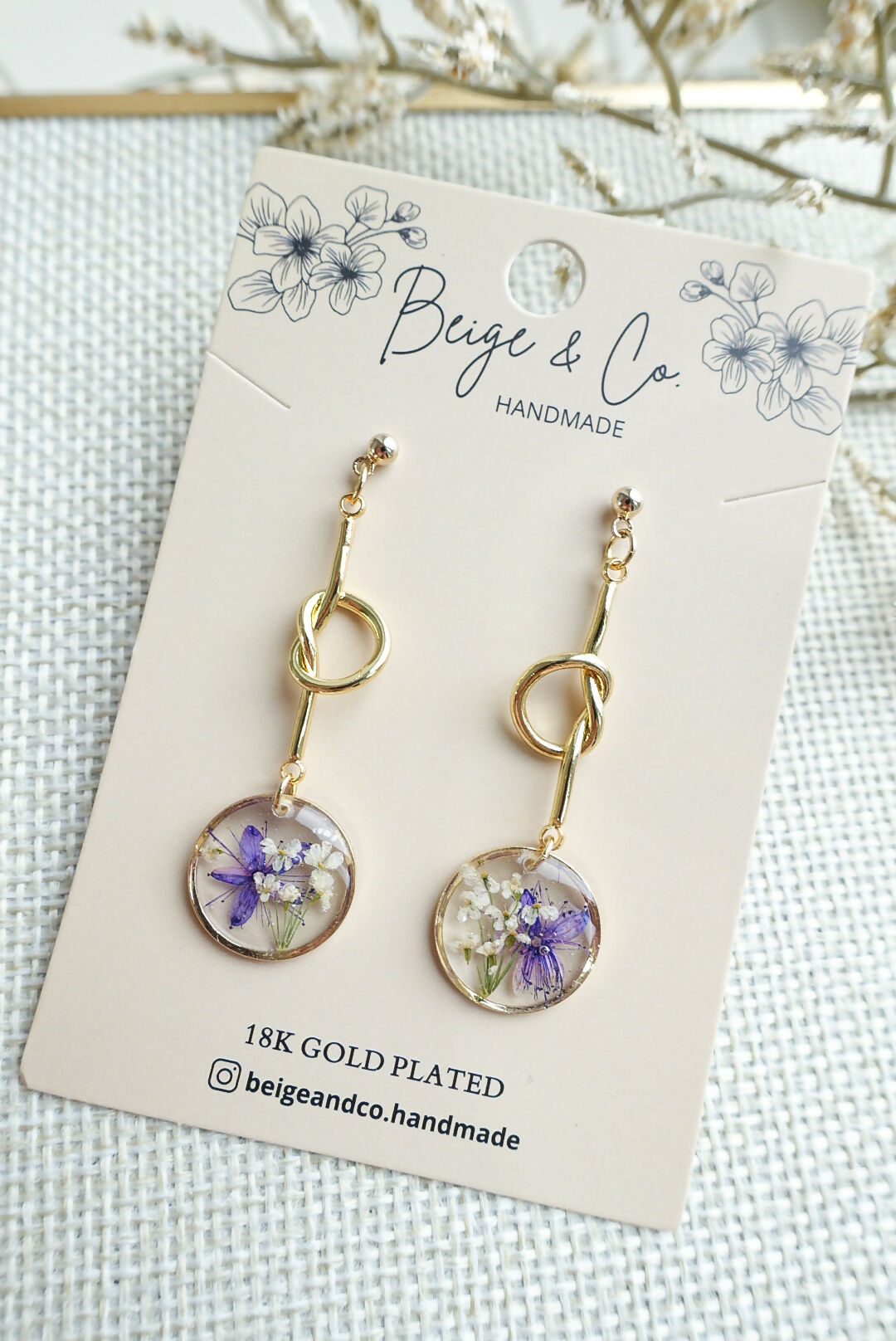 Real Flower Mini Gold Knot Circle Earrings