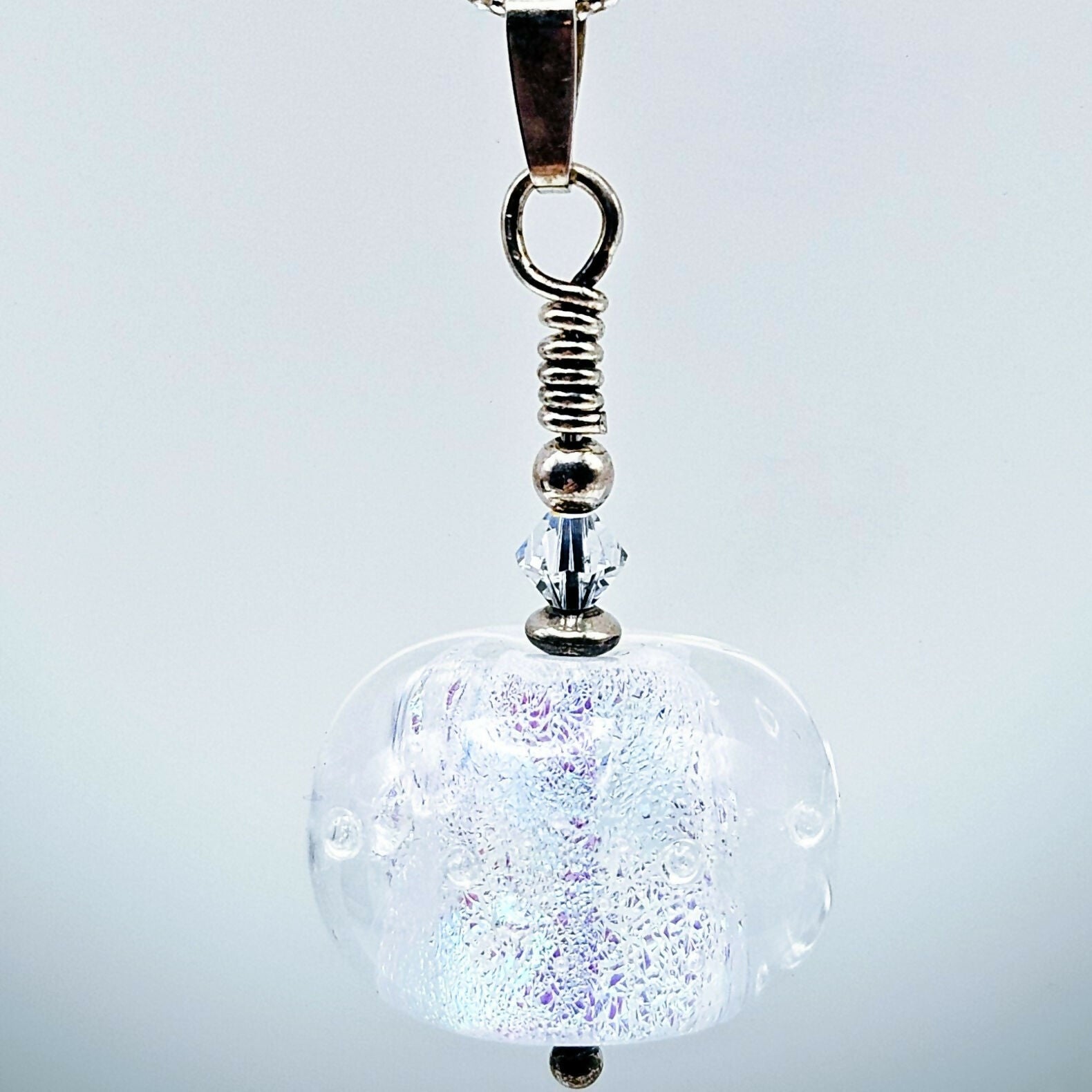HANDMADE GLASS LAMPWORKED ICY DICHRIOC PENDANT,ON A STERLING SILVER CHAIN WITH SWAROVSKI CRYSTALS.