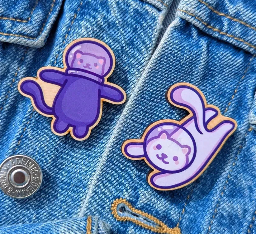 Wooden Pin Badge - Space Cat