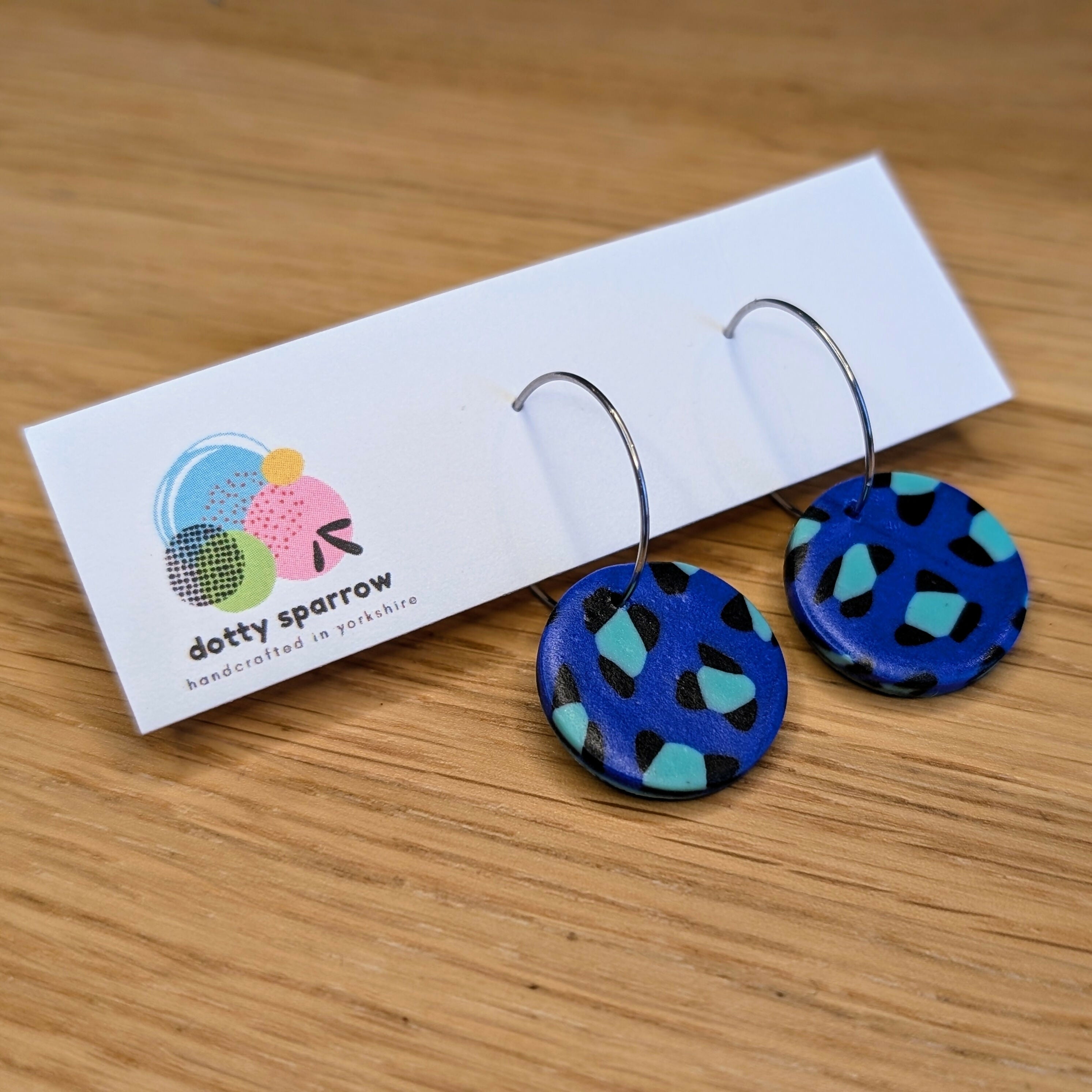 Blue & Mint Green Leopard Print Circle Hoop Handmade Polymer Clay Earrings