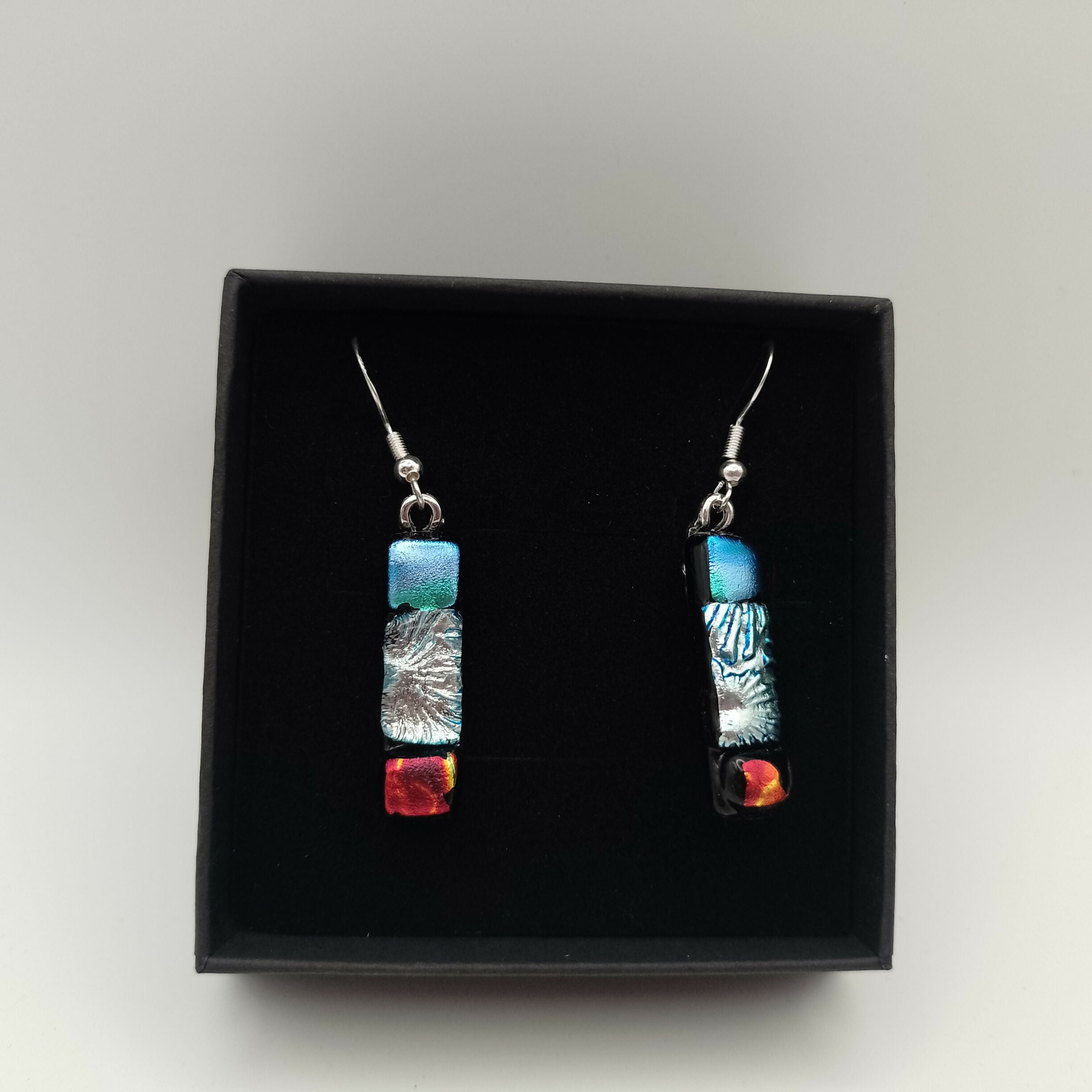 Blue, Silver and Red Dichroic Glass Earrings