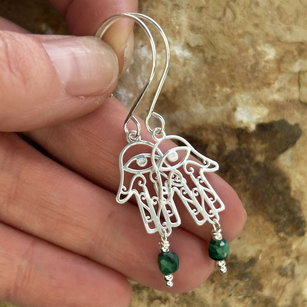 Handmade Sterling Silver And Malachite Hamsa Hand Earrings