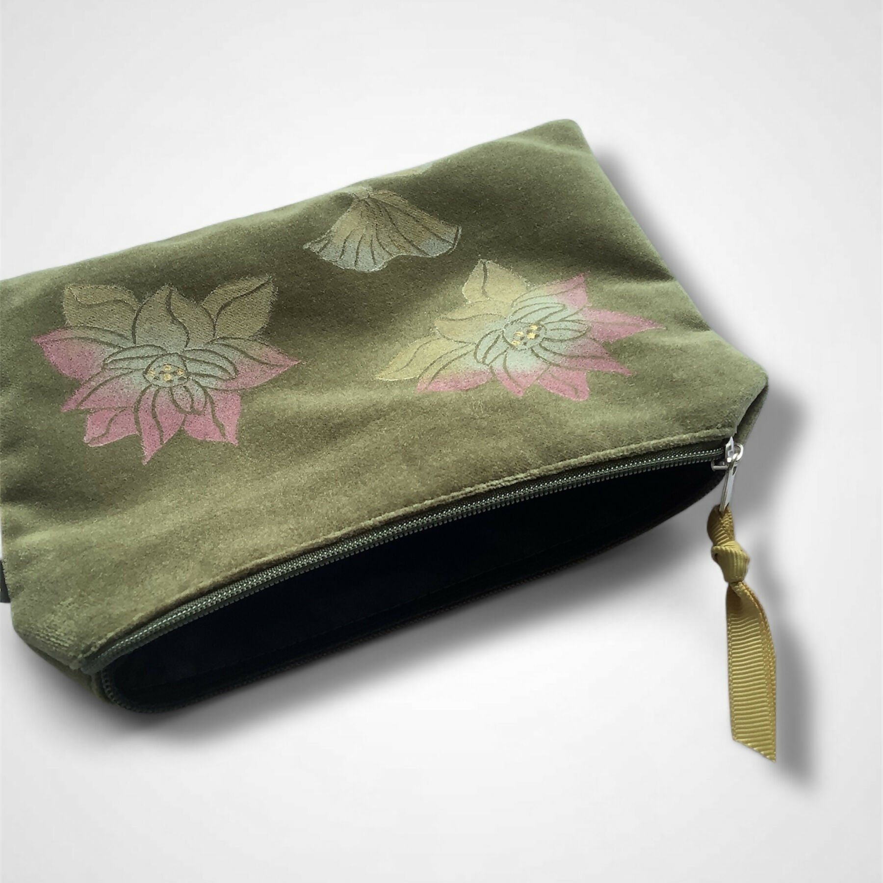 Lotus Flower Olive Green Velvet Zip-Up Pouch with Wrist Strap