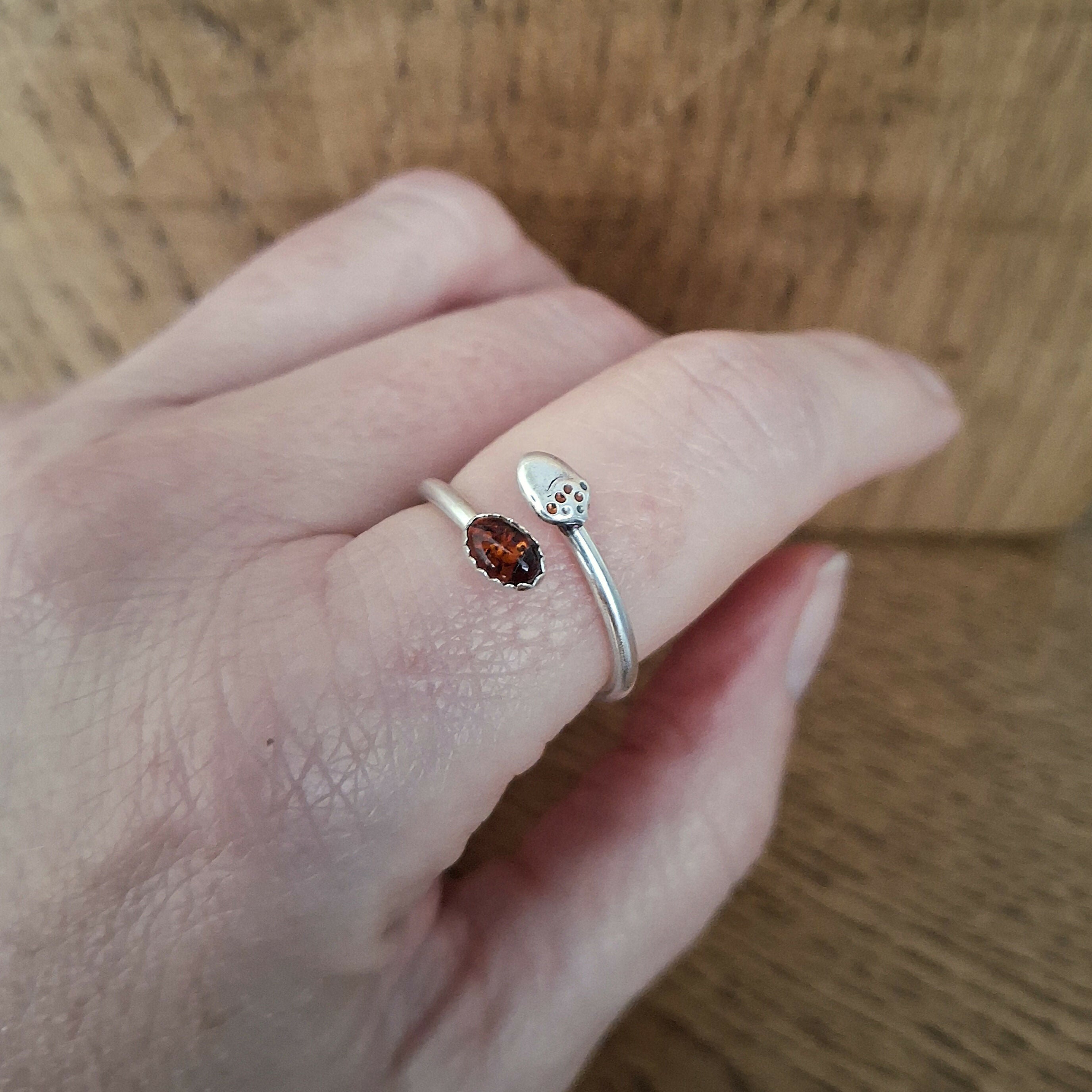 Handmade Adjustable Silver Acorn Ring With Amber, Size Q½