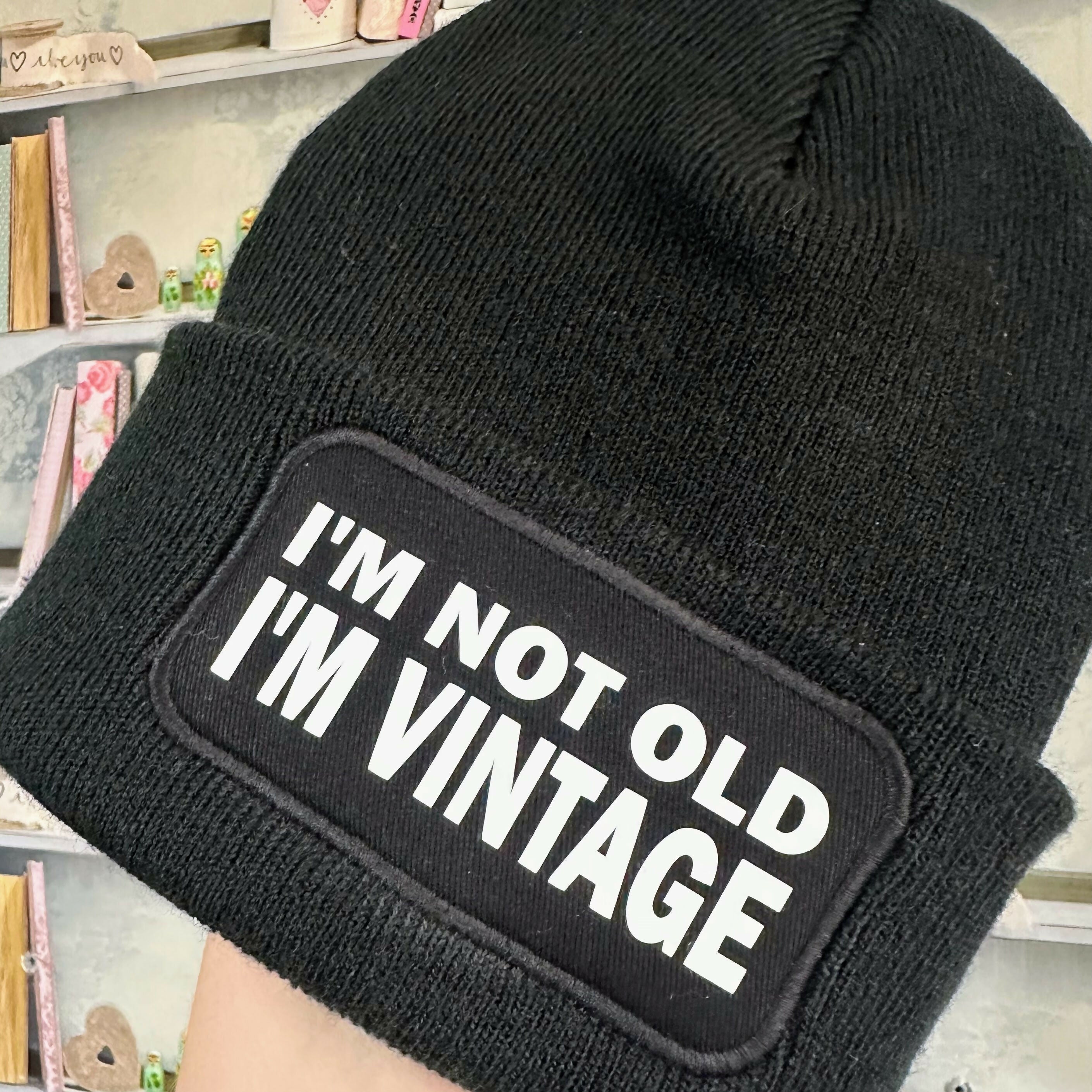 Not Old Vintage Cuffed Rectangular Patch Beanie Hat
