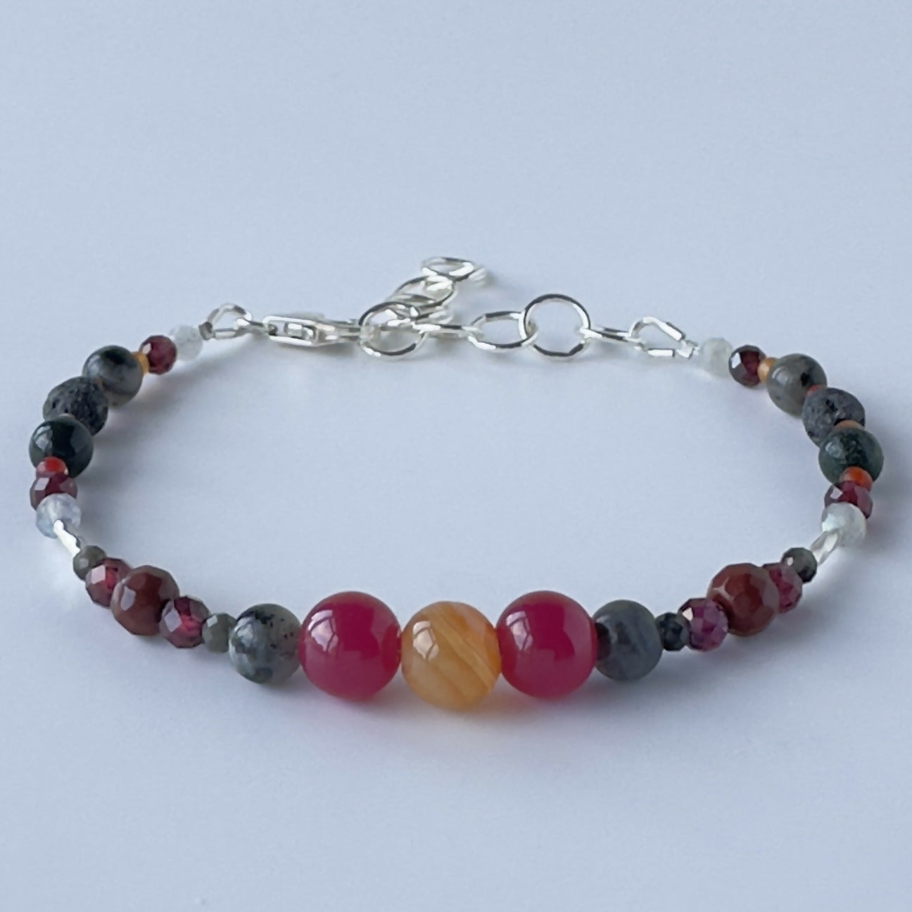 HEALING CRYSTAL & STERLING SILVER ROOT CHAKRA BRACELET WITH AROMATHERAPY BEADS