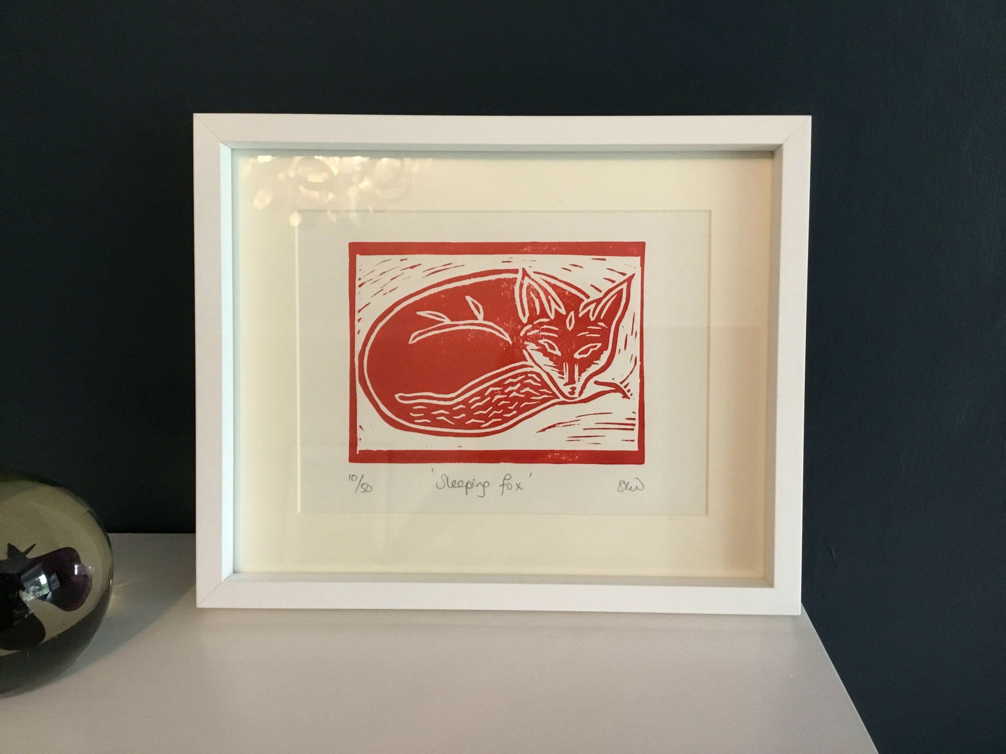 Sleeping Fox Framed Lino Cut Print