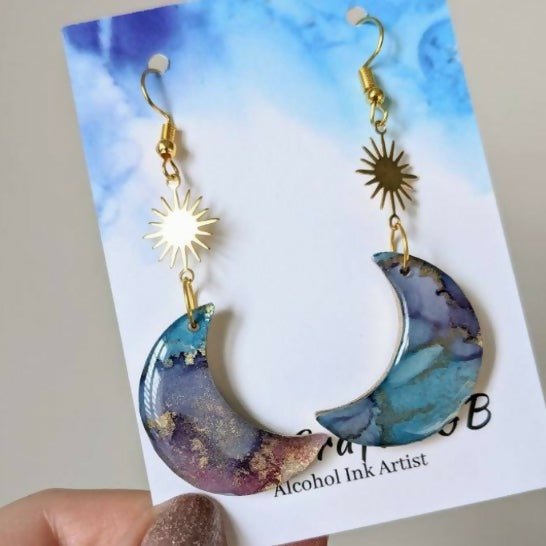 Celestial Star Moon Dangle Earrings, Alcohol Ink Art