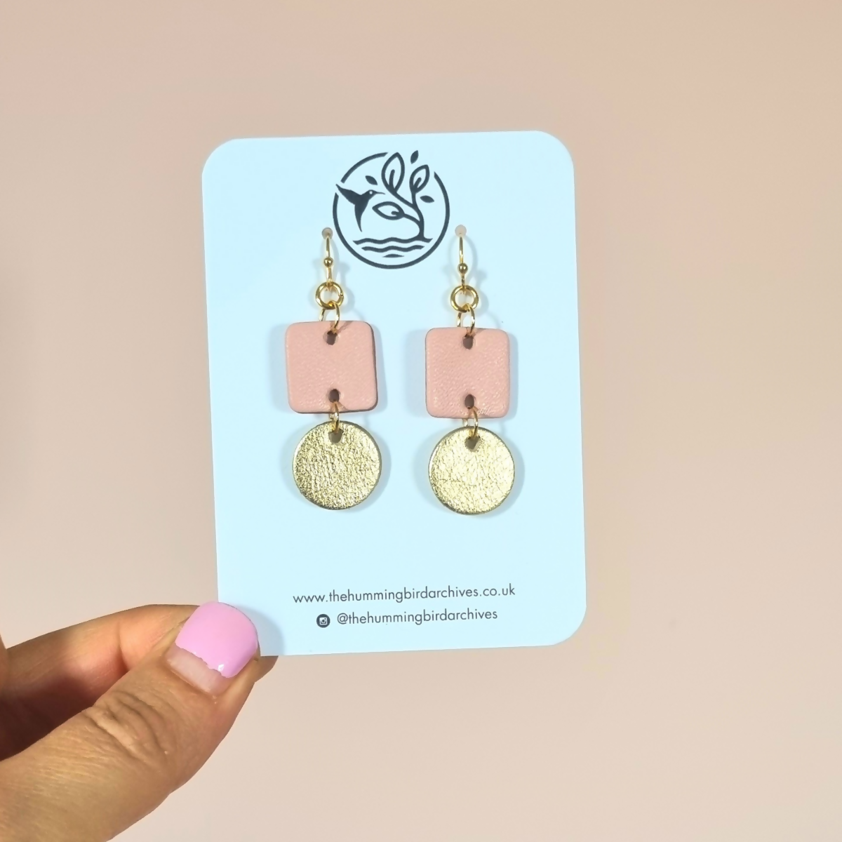 Pale Pink Square and Gold Circle Earrings