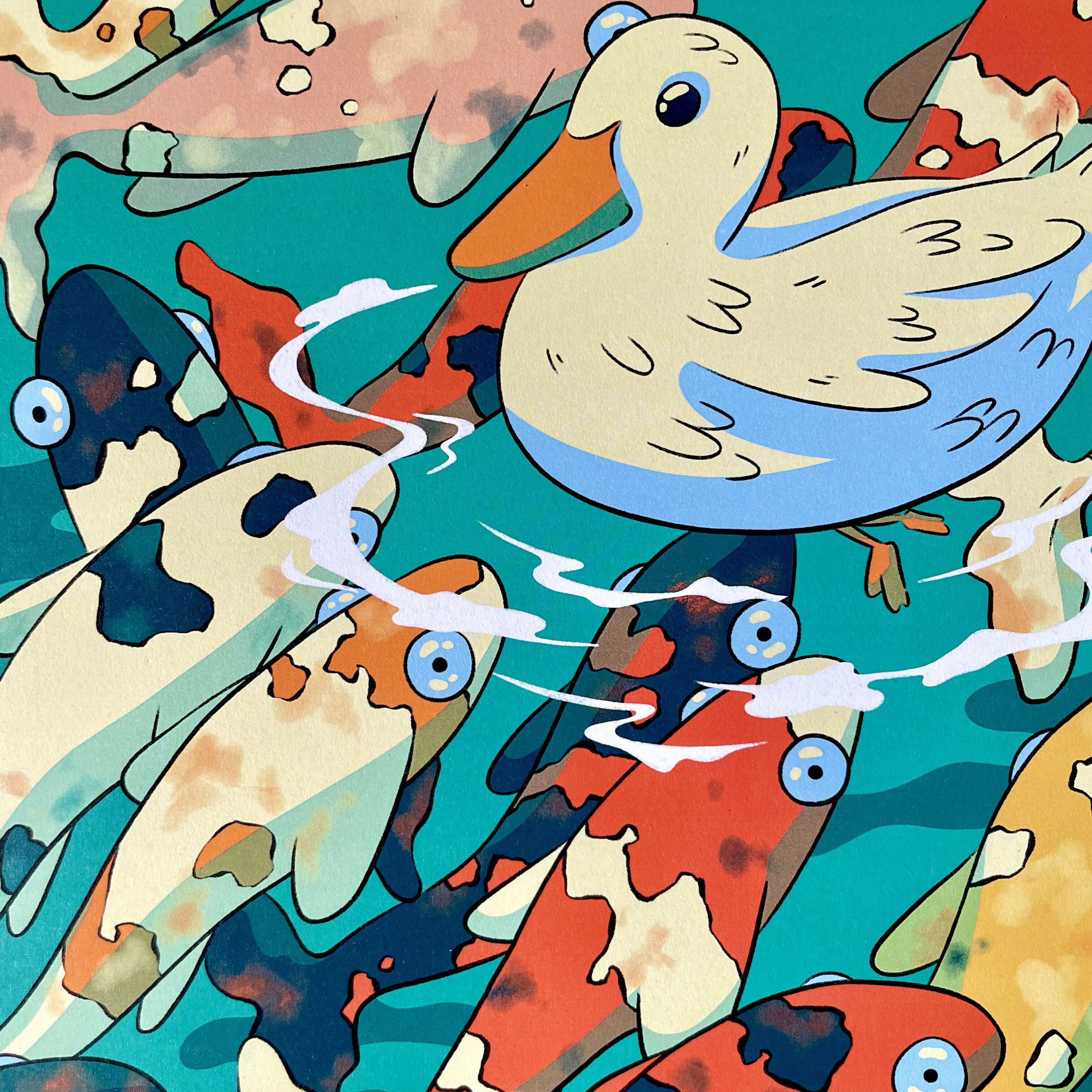 A Duck and Some Fish A3 Print