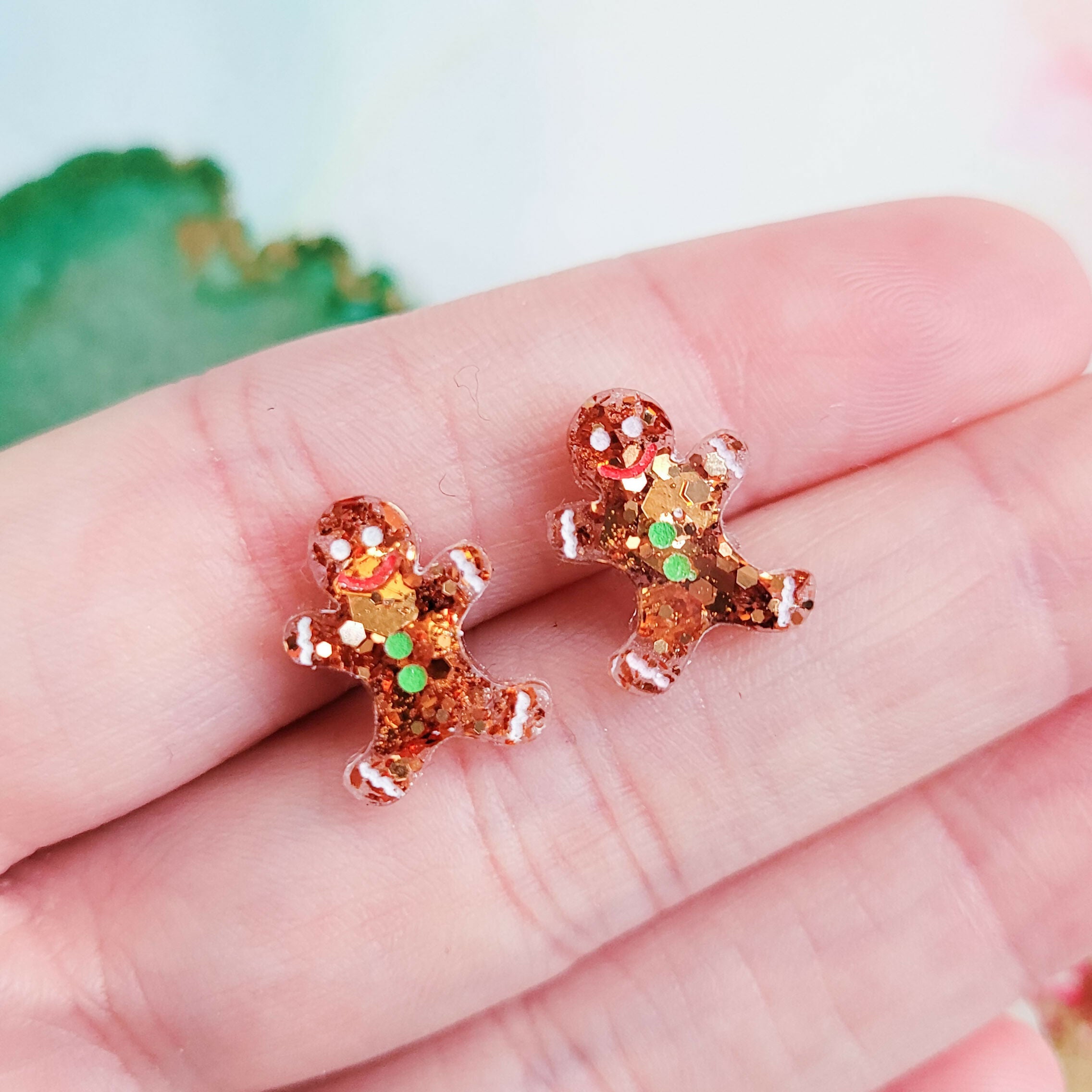 Handmade Glitter Gingerbread Man Resin Stud Earrings