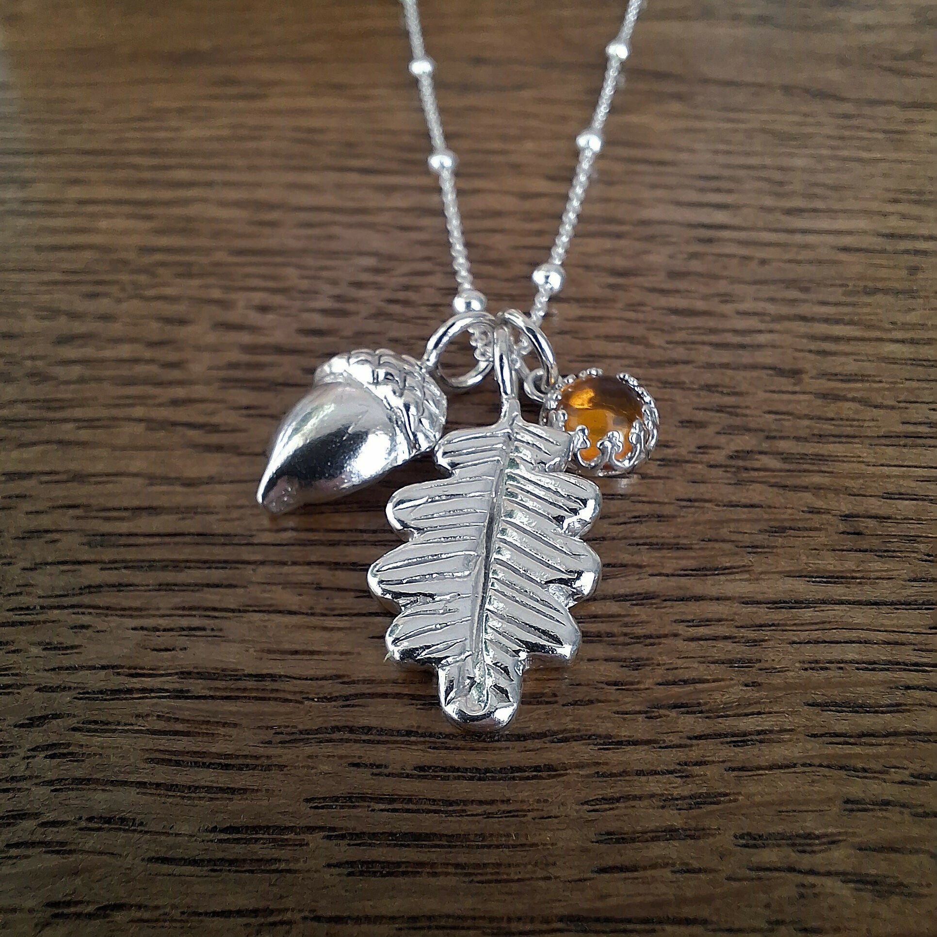 Handmade Large Oak Leaf & Acorn Necklace With Amber