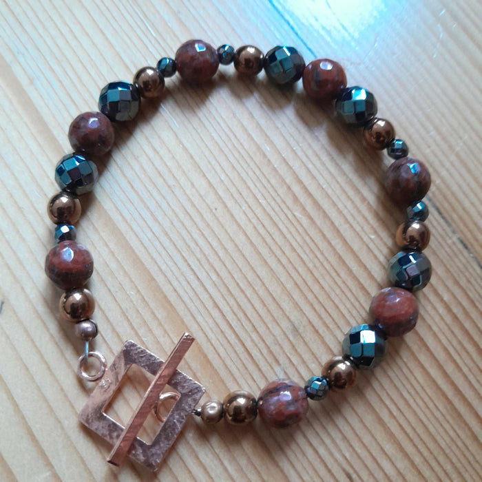 Pure Hand Hammered Copper Toggle with Copper Hematite, Faceted Sesame Jasper and Faceted Grey Hematite