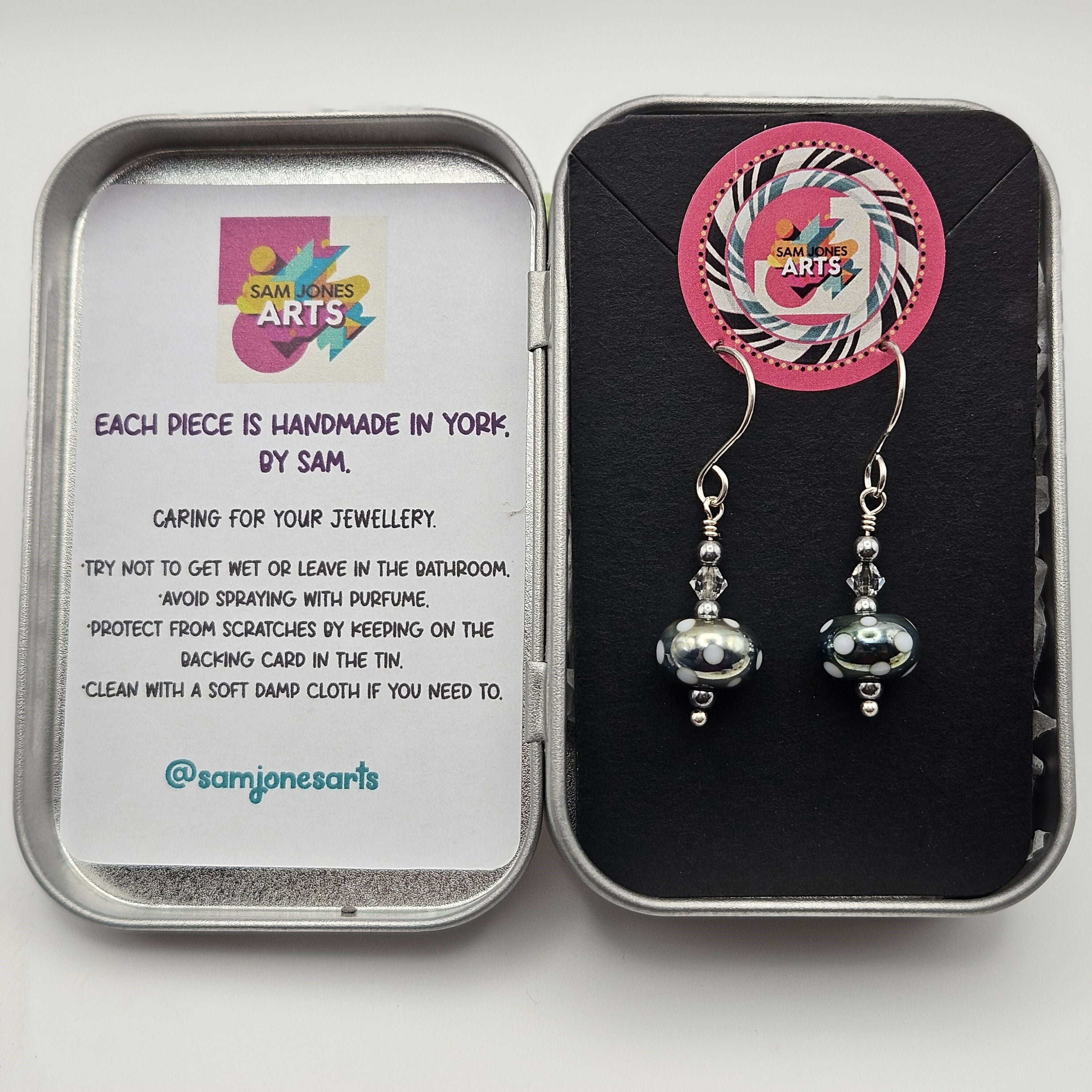 HAND LAMPWORKED GLASS SPOTTY EARRINGS, WITH STERLING SILVER AND SWAROVSKI CRYSTALS.