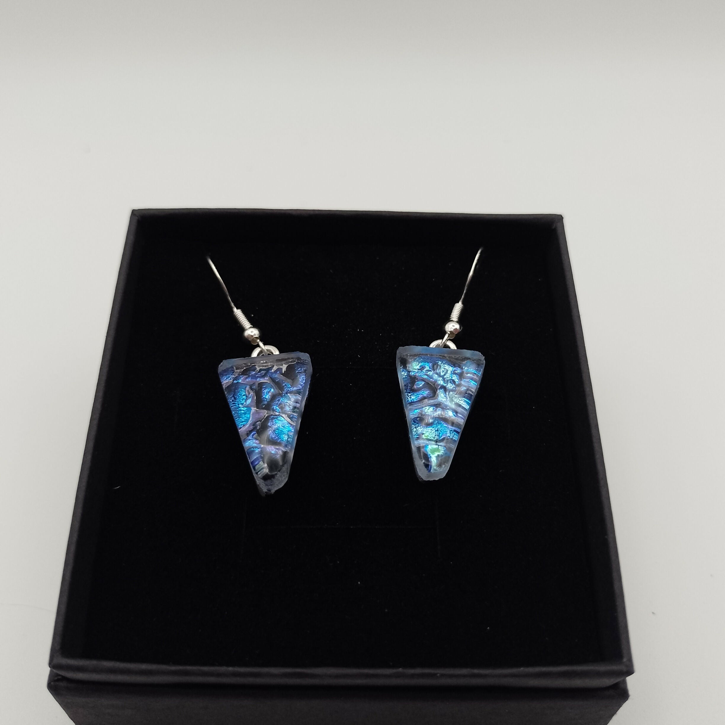 Blue Speckled Triangular Dichroic Glass Earrings