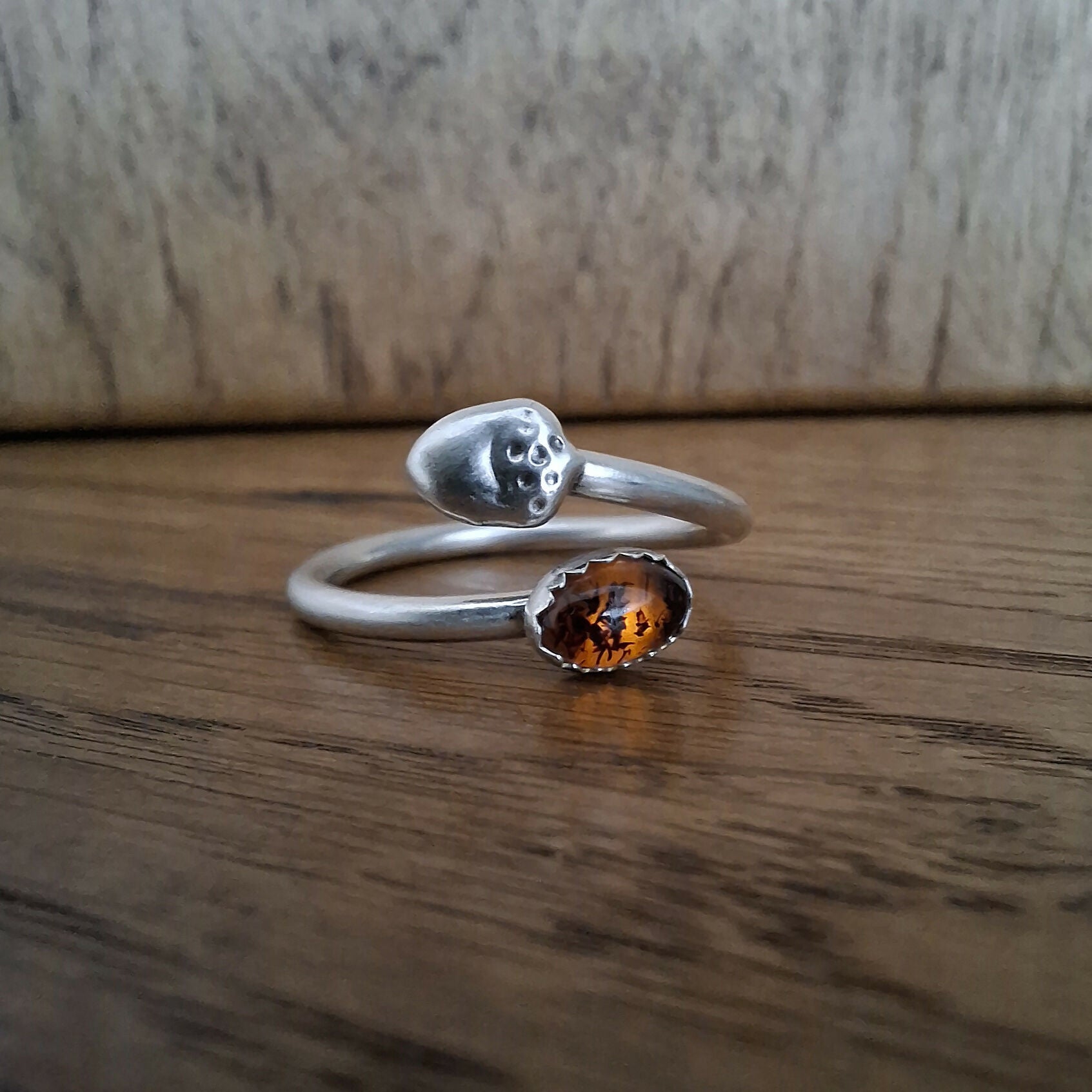 Handmade Adjustable Silver Acorn Ring With Amber, Size L½