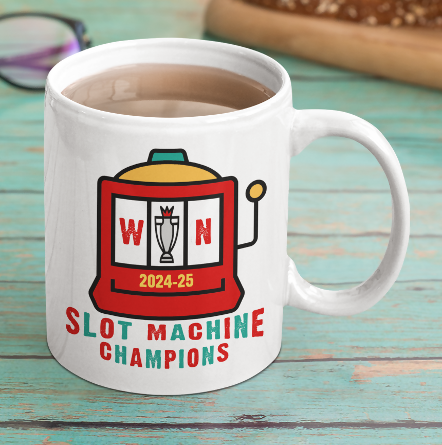 White mug with red Liverpool slot machine design.