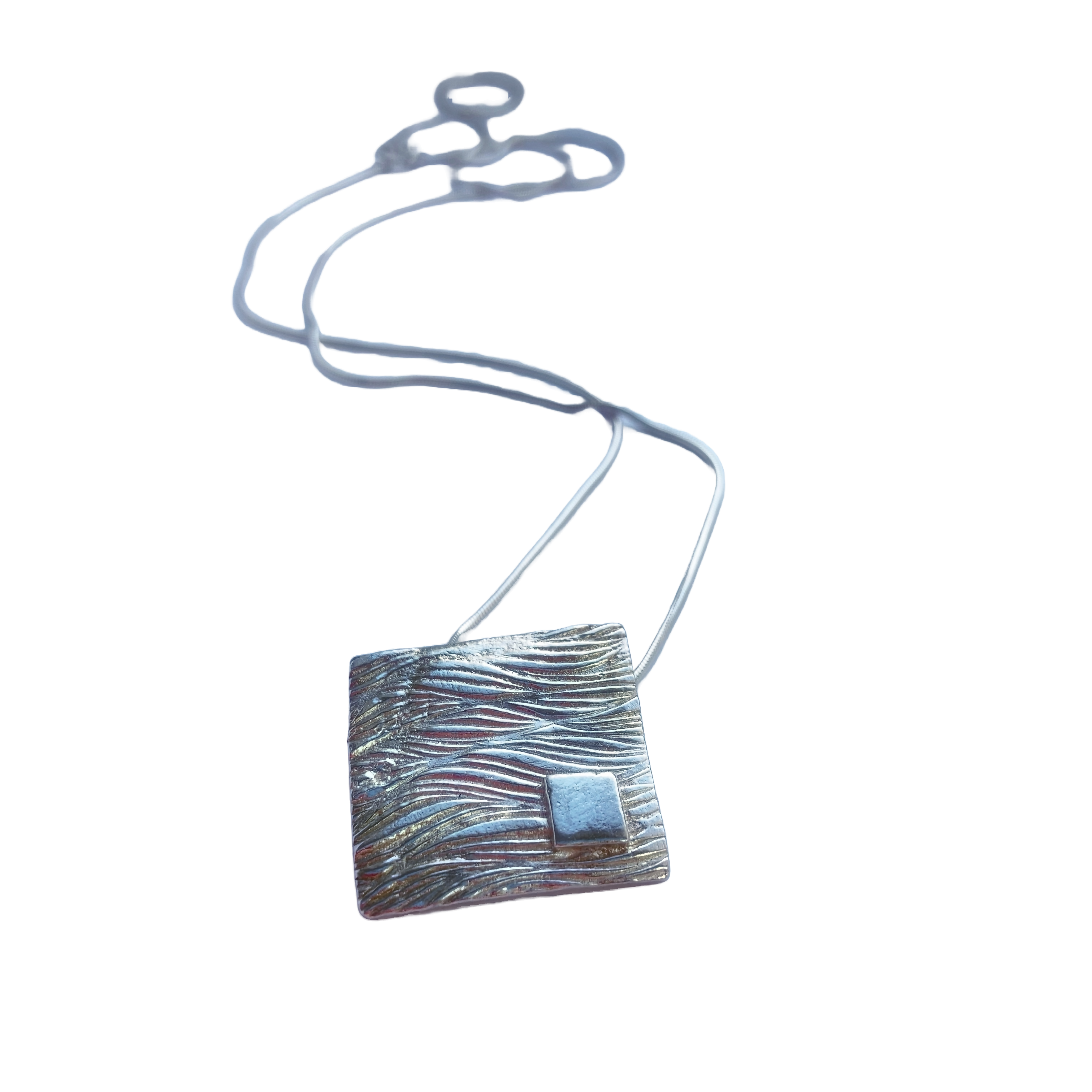 Handmade Silver Square Pendant with Fistral Bay Wave Texture and Sterling Silver Chain