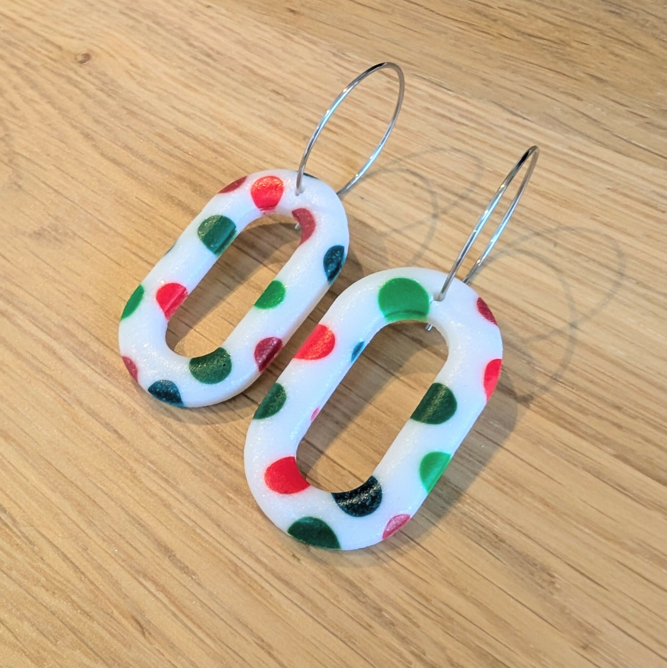 White with Red & Green Spots Oval Cutout Hoop Dangle Handmade Polymer Clay Earrings