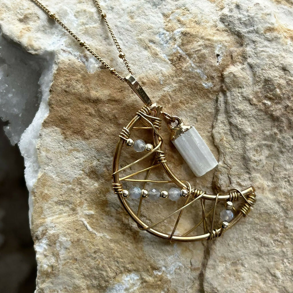 Handmade Gold Vermeil Labradorite And Selenite Moon Necklace
