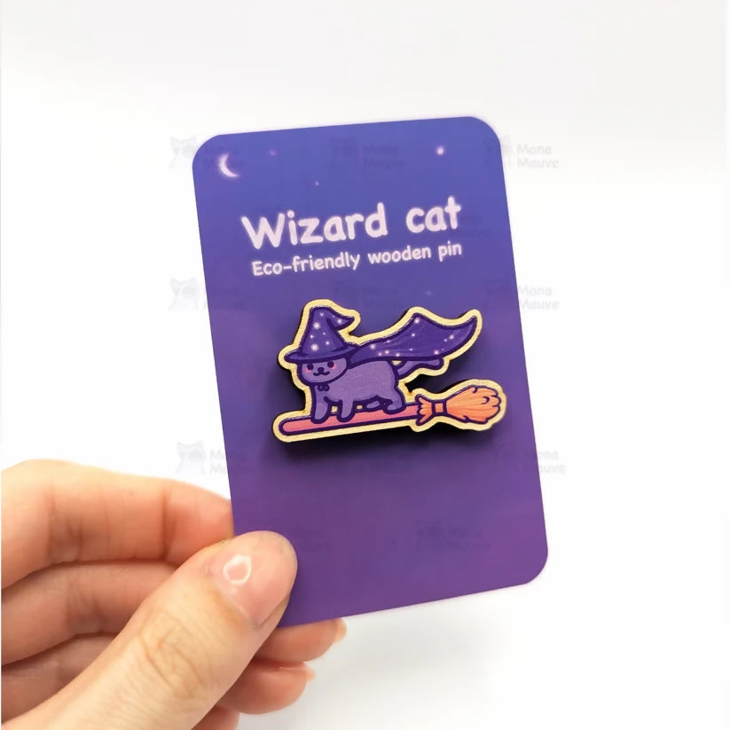 Wooden Pin Badge - Wizard Cat