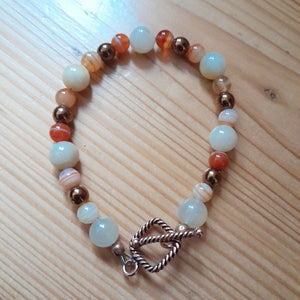 Pure Copper Twist Toggle Bracelet with Pale Yellow Jade, Banded Carnelian and Copper Hematite