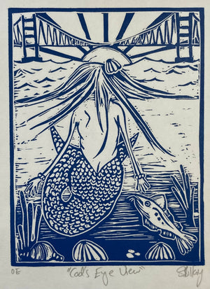 Cod's Eye View: Original Lino Print in dark blue