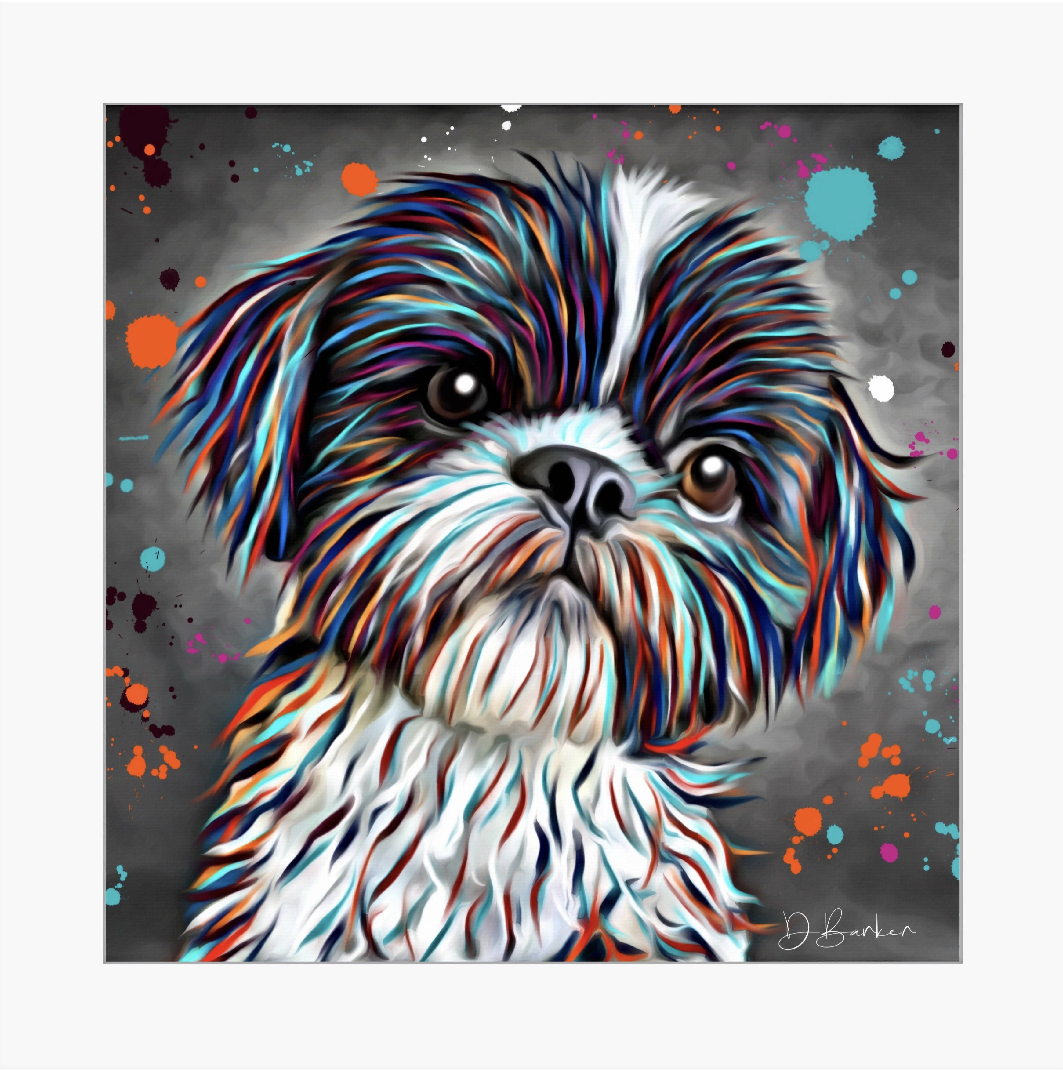 SHITZU DOG COLOUR SPLASH MOUNTED ARTWORK.