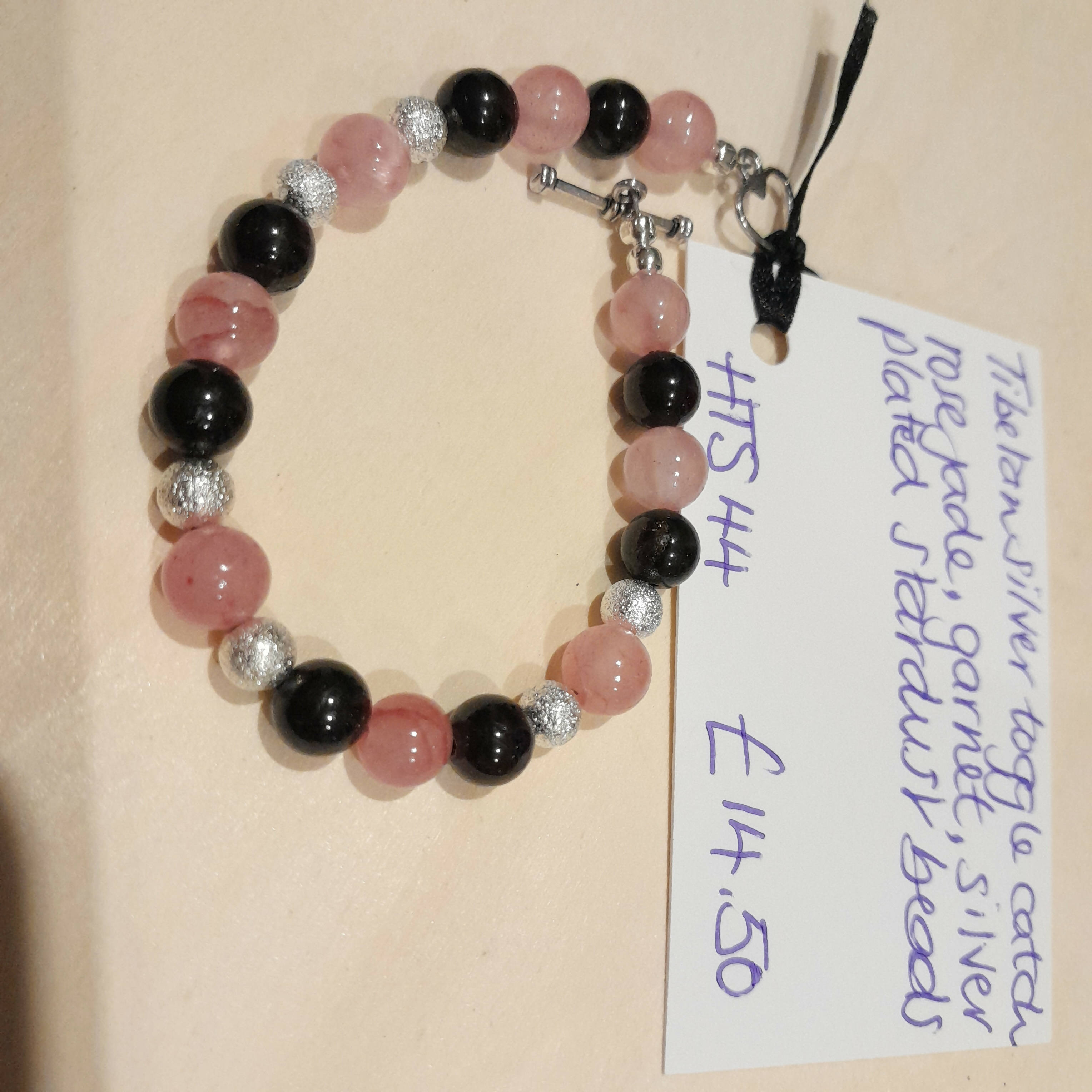 Tibetan Silver Toggle Catch Bracelet with Rose Jade, Garnet, Stardust Beads