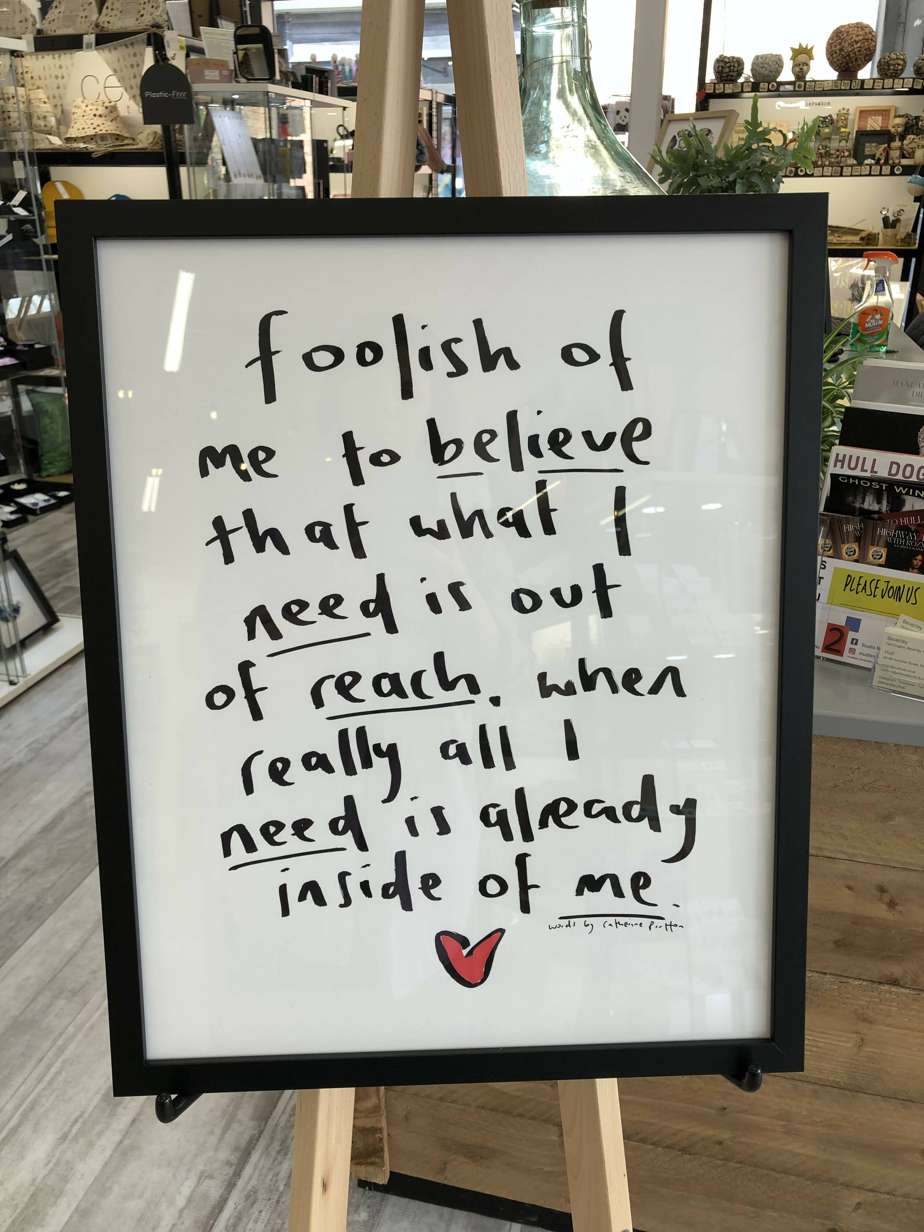 Handwritten large framed poem (poem varies)