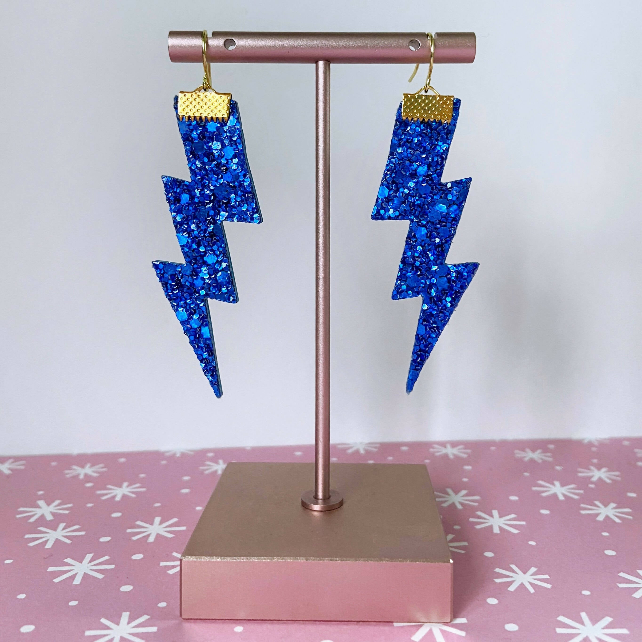 Flash Lightning Bolt Earrings in Blue Glitter