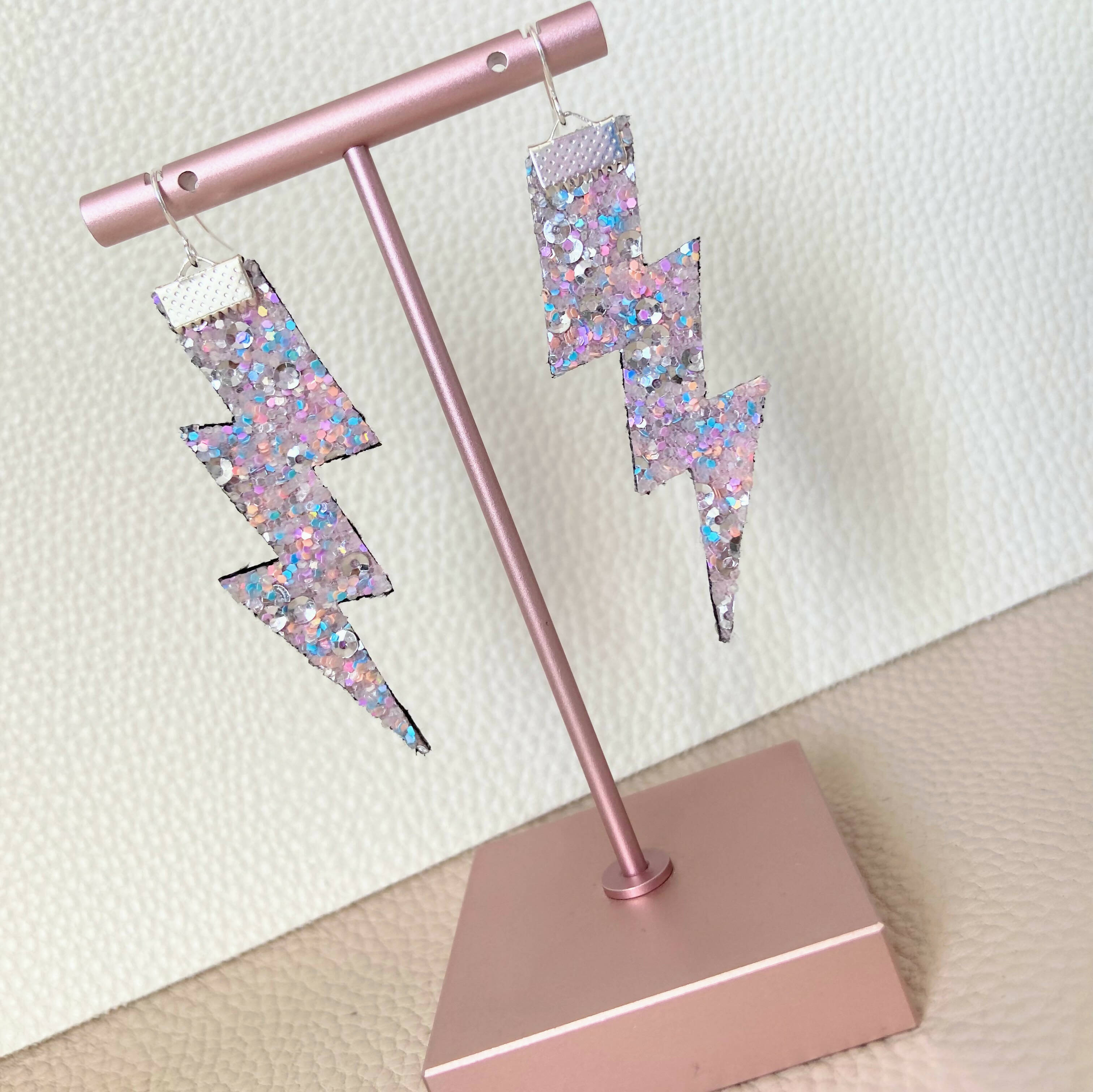 Flash Lightning Bolt Earrings in Silver Sequin Confetti Glitter