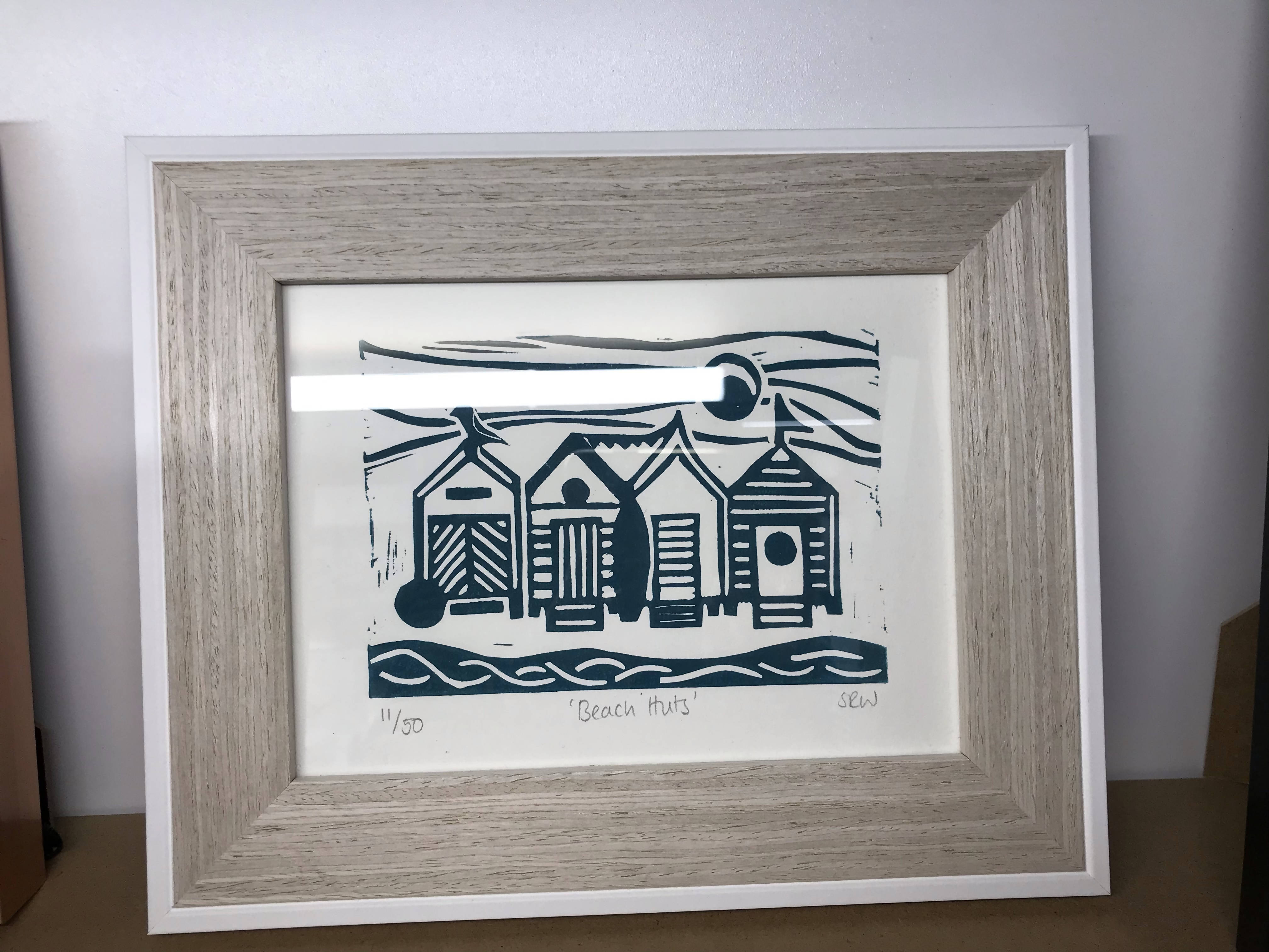Beach Huts Framed Lino Cut Print