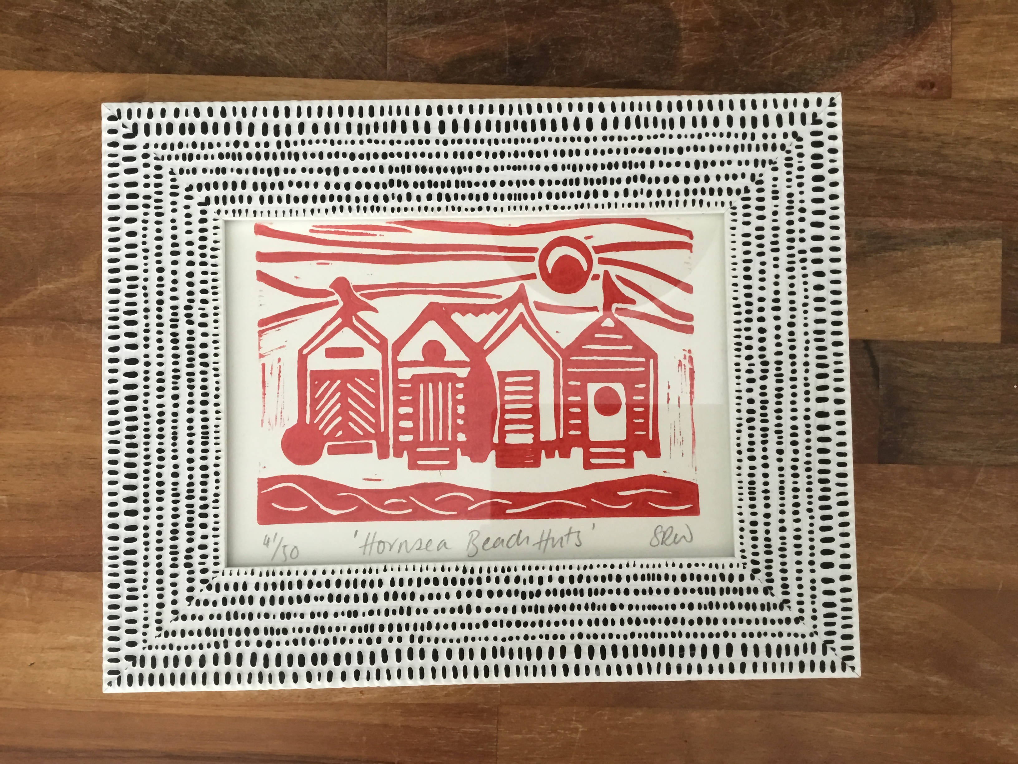 Beach Huts Framed Lino Cut Print