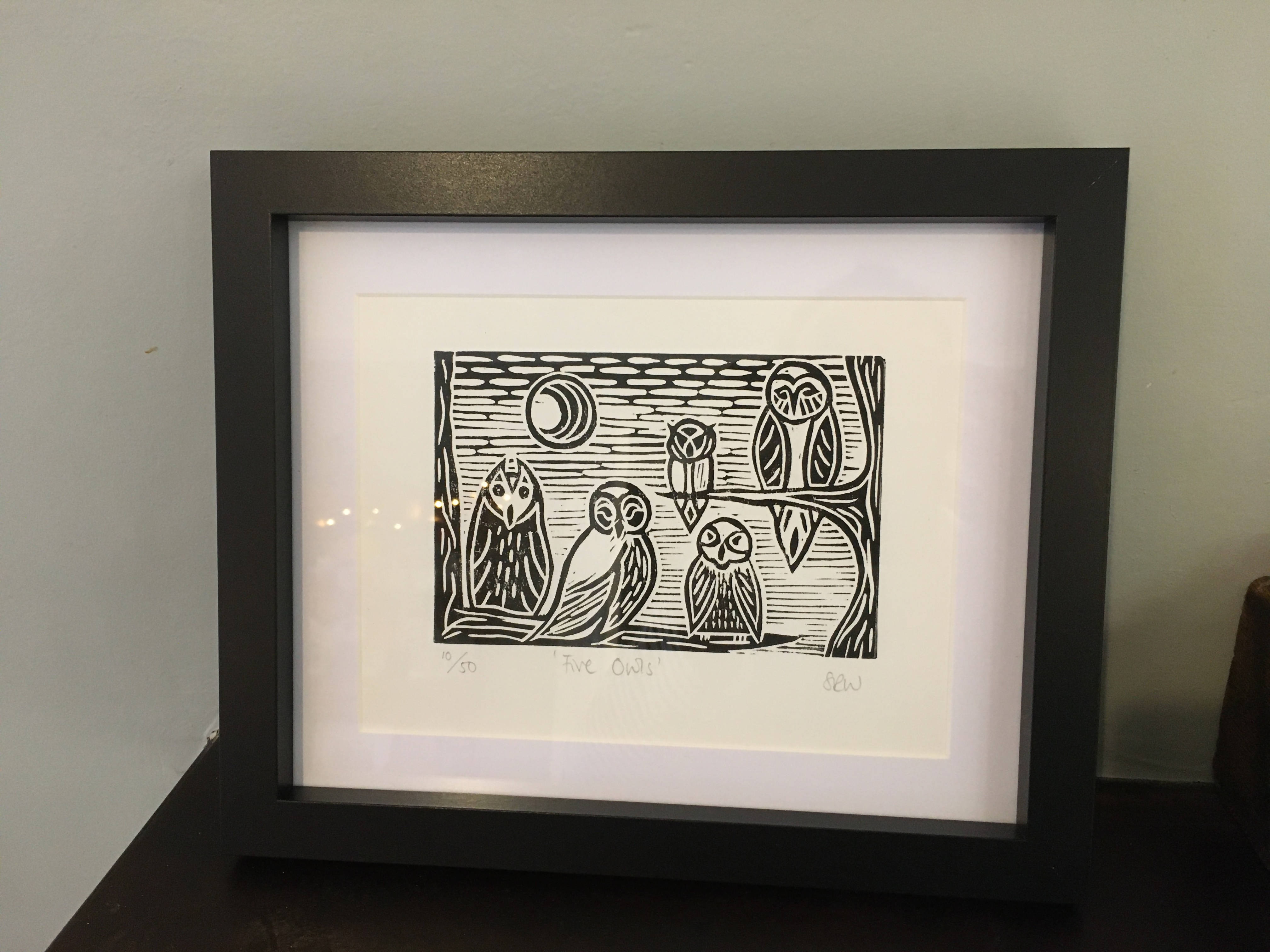 Five Owls Framed Lino Cut Print