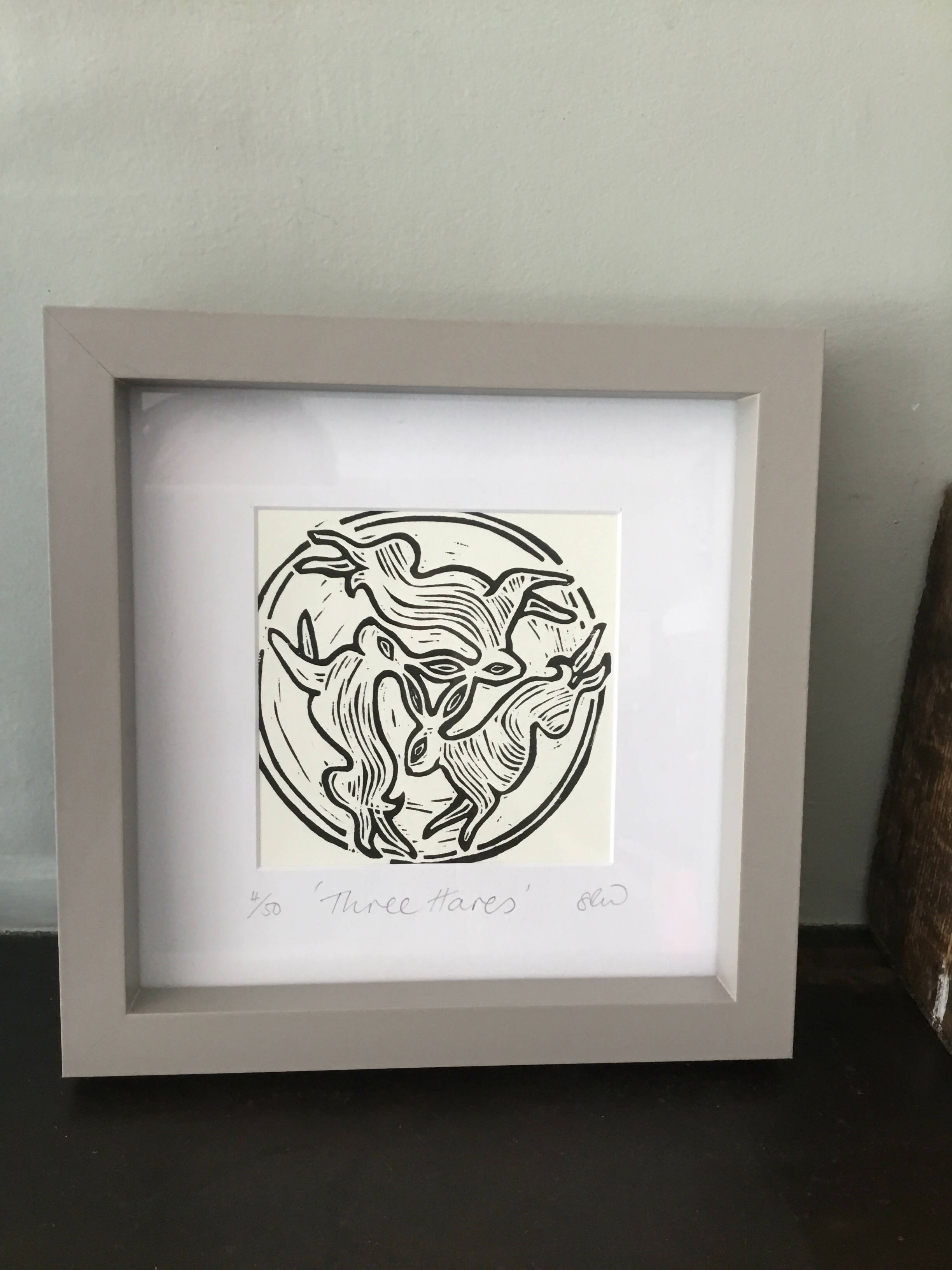 Three Hares Framed Lino Cut Print