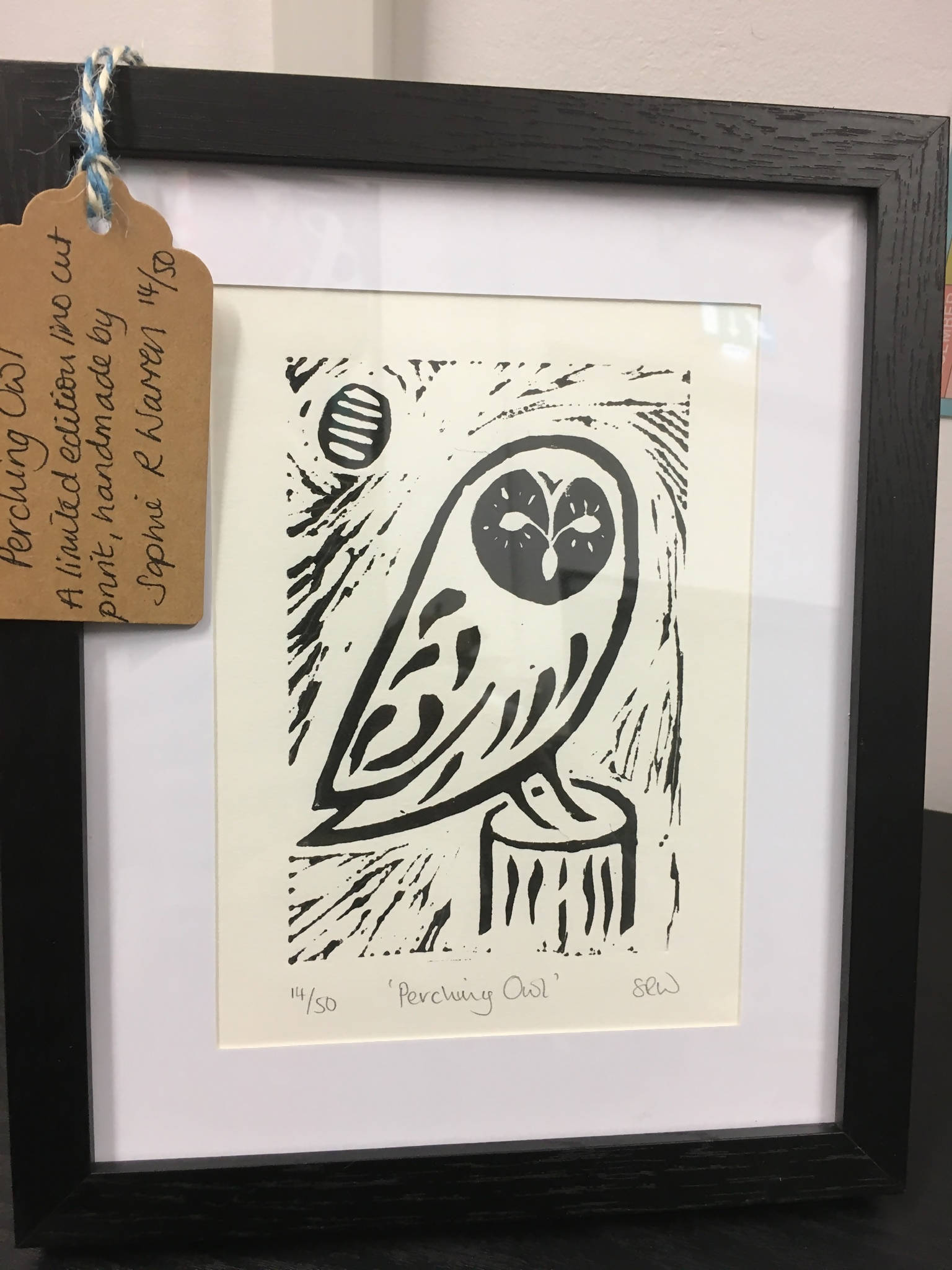 Perching Owl Framed Lino Cut Print