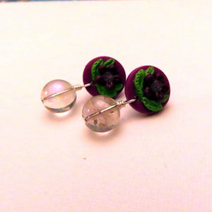 Polymer Clay Purple Studs with purple flowers, Mystic Quartz, Surgical stainless steel post & butterfly