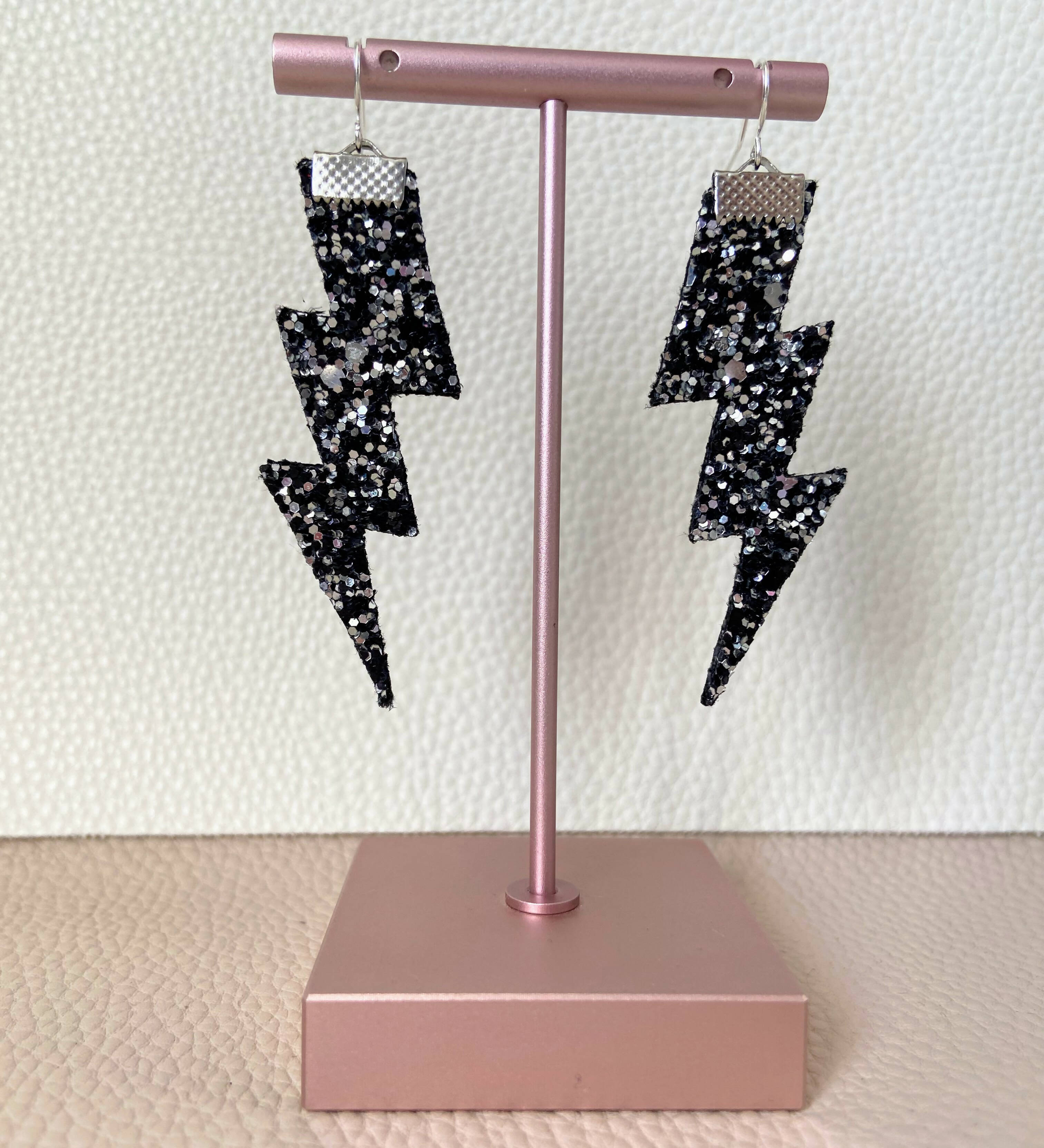 Flash Lightning Bolt Earrings in Black Grey Glitter