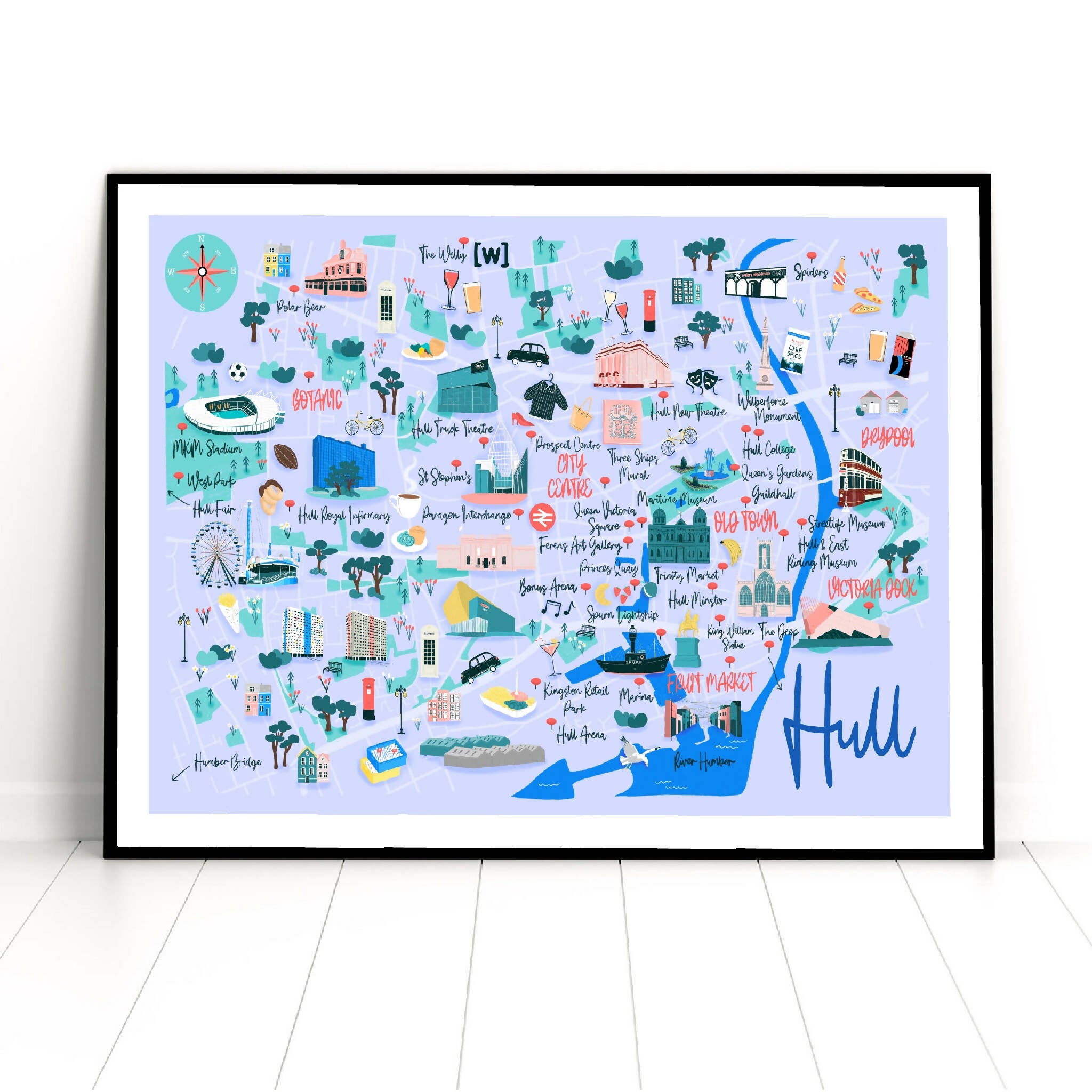 Blue illustrated map of Hull featuring main landmarks.