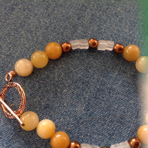 Bracelet with Yellow Jade, Copper Hematite and Clear Quartz, Pure Copper Toggle