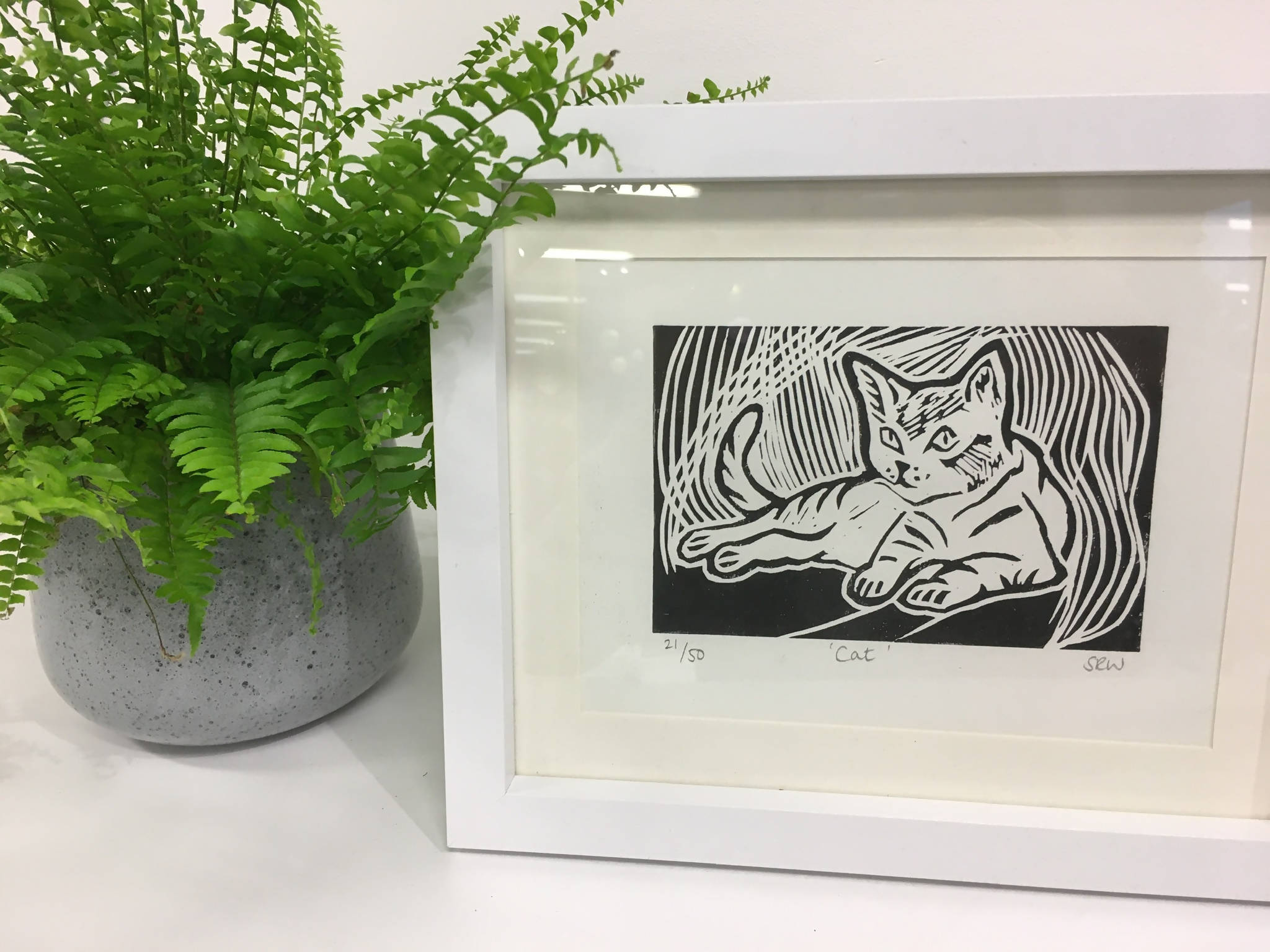 Watching Cat Framed Lino Cut Print